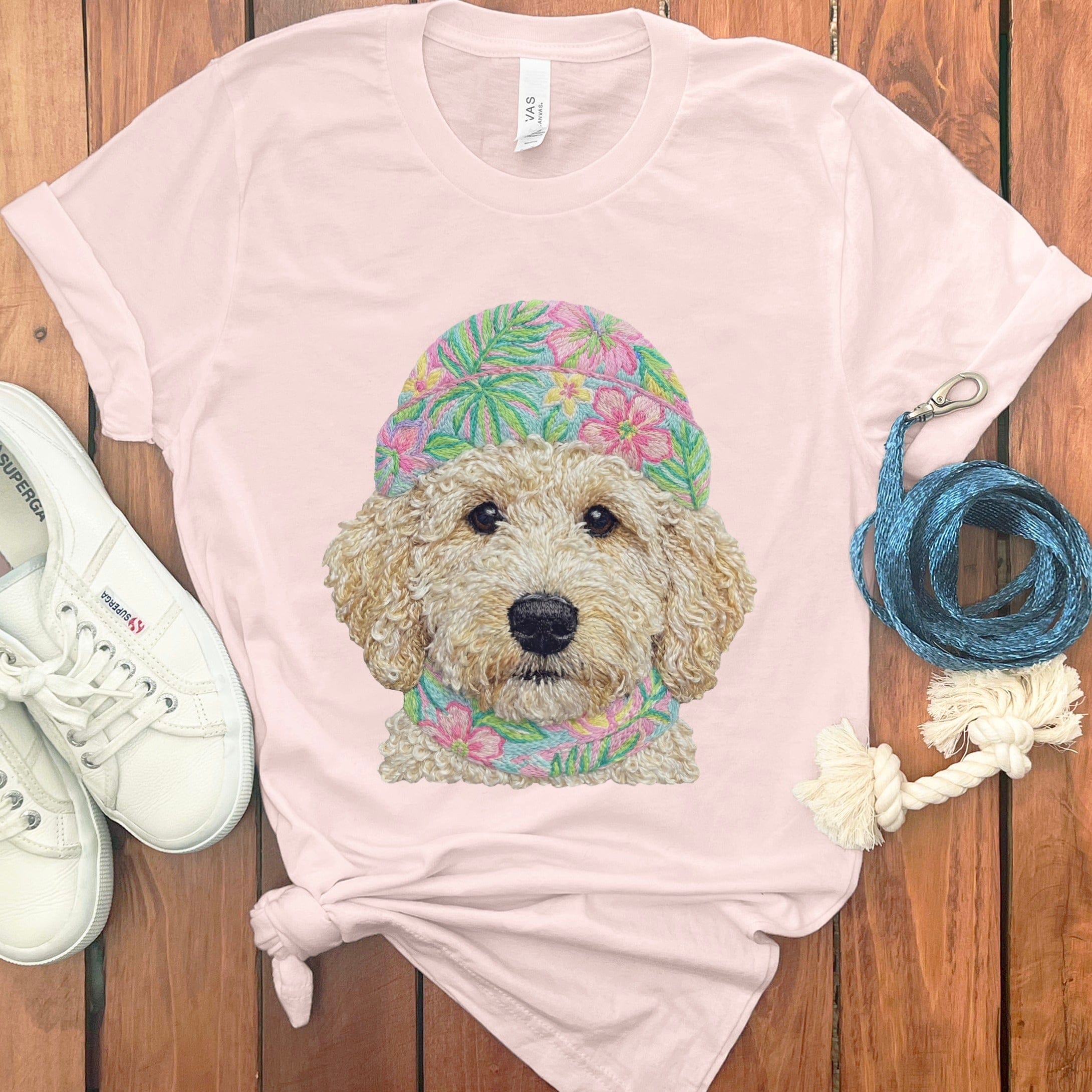 Floral Vibes Cream Goldendoodle T-Shirt in Soft Pink / S by Puppy Jo