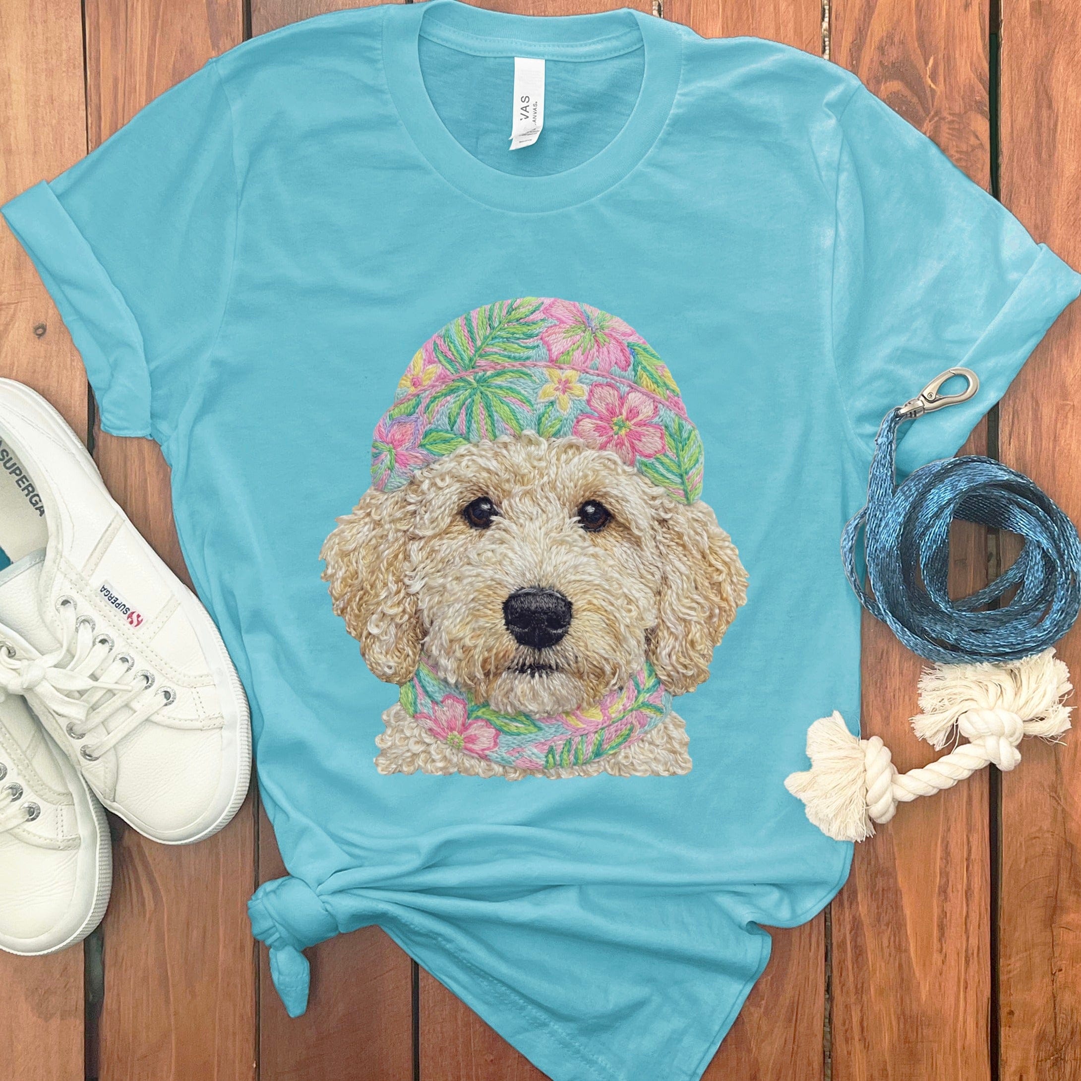 Floral Vibes Cream Goldendoodle T-Shirt in Turquoise / S by Puppy Jo