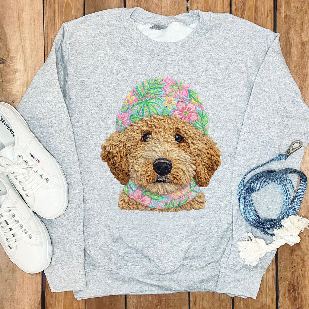 Floral Vibes Golden Goldendoodle Sweatshirt in Sport Grey / S by Puppy Jo