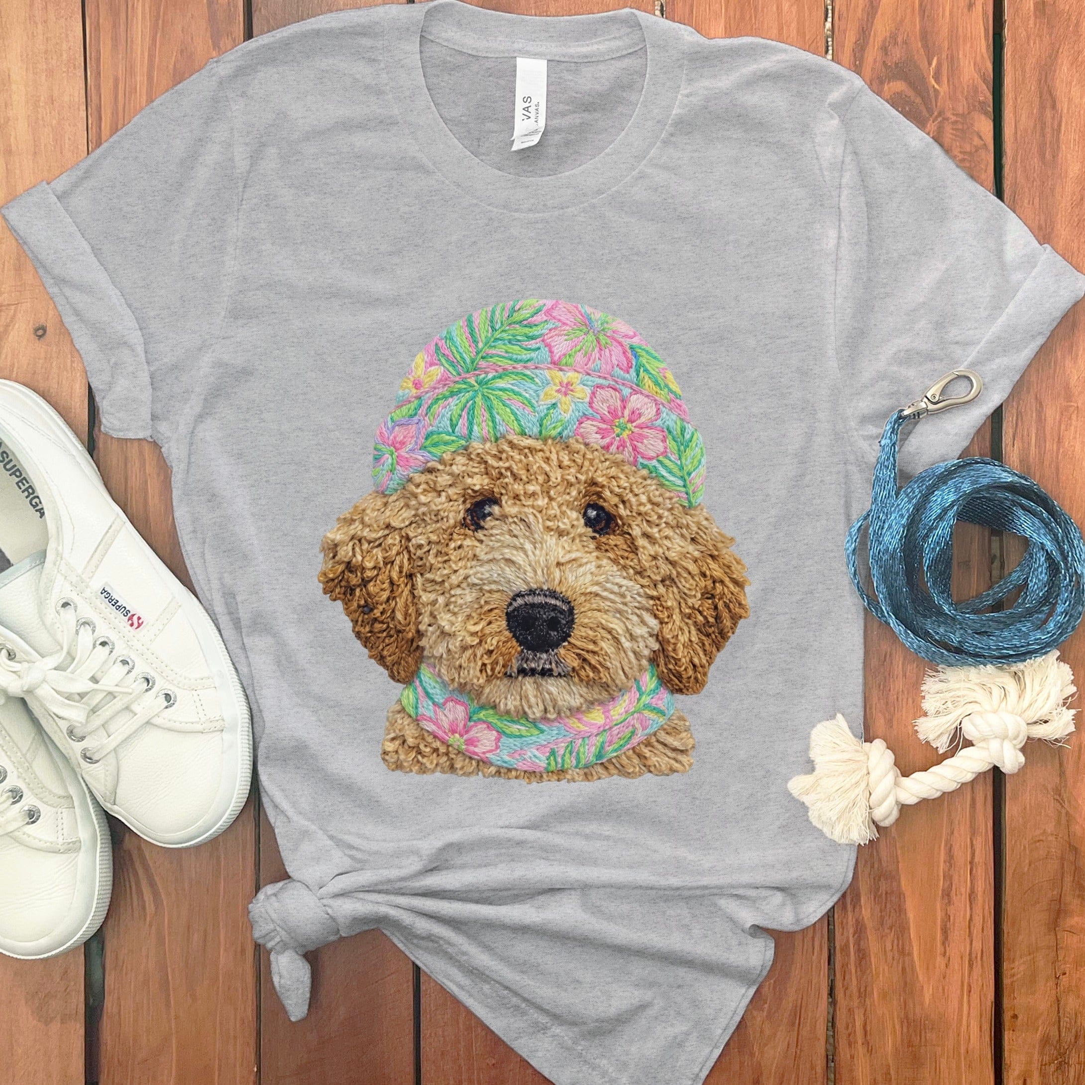 Floral Vibes Golden Goldendoodle T-Shirt in Athletic Heather / S by Puppy Jo