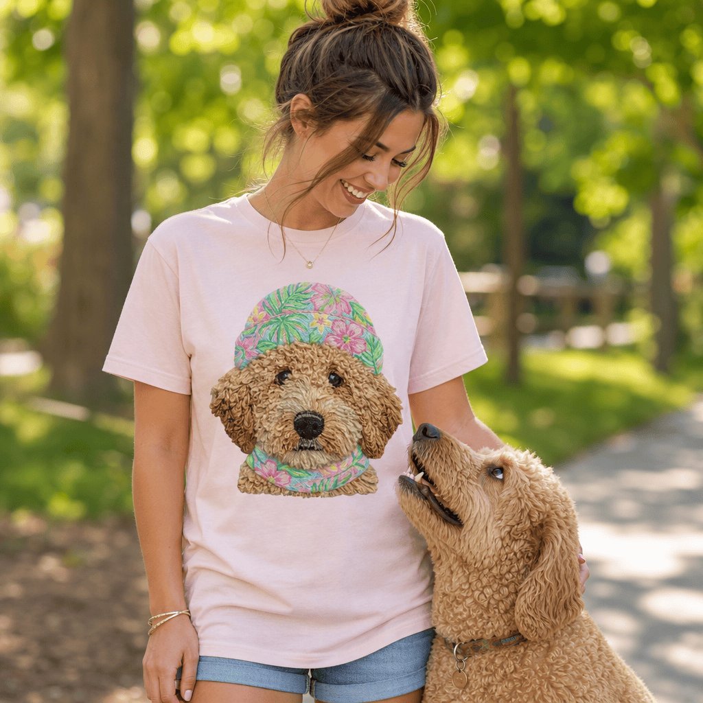 Floral Vibes Golden Goldendoodle T-Shirt in by Puppy Jo
