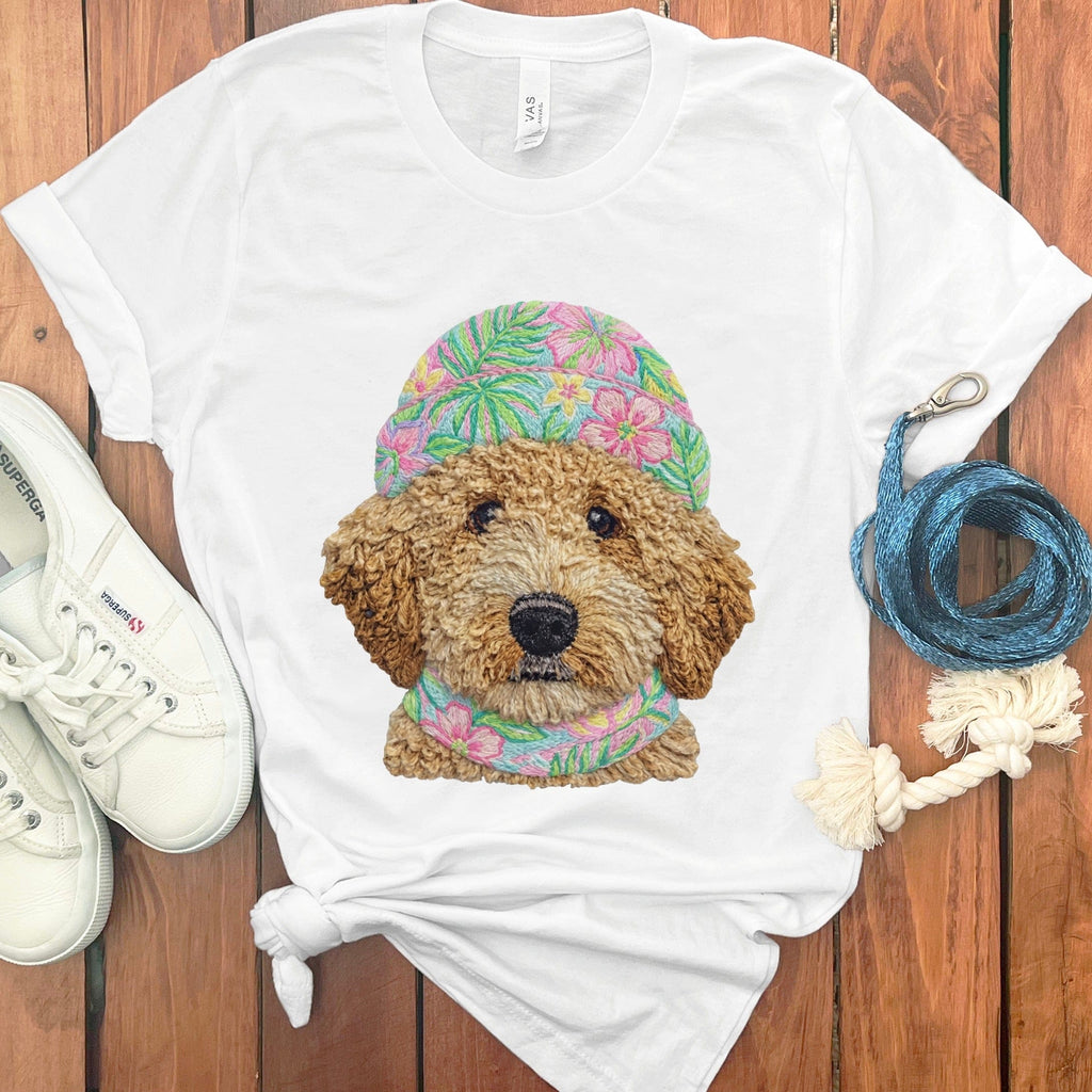 Floral Vibes Golden Goldendoodle T-Shirt in White / S by Puppy Jo