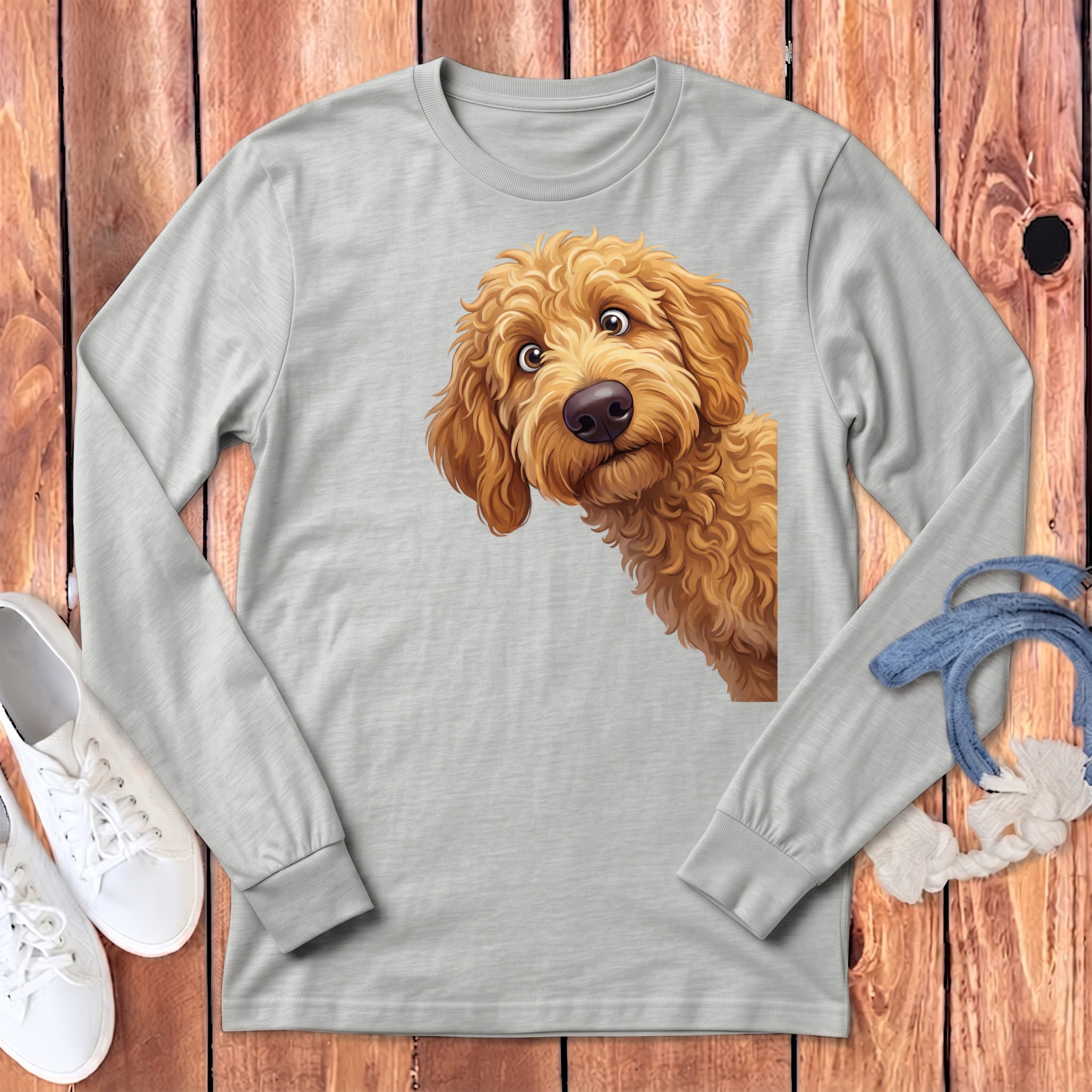 Funny Peeking Apricot Goldendoodle Long Sleeve T-Shirt in Athletic Heather / S by Puppy Jo