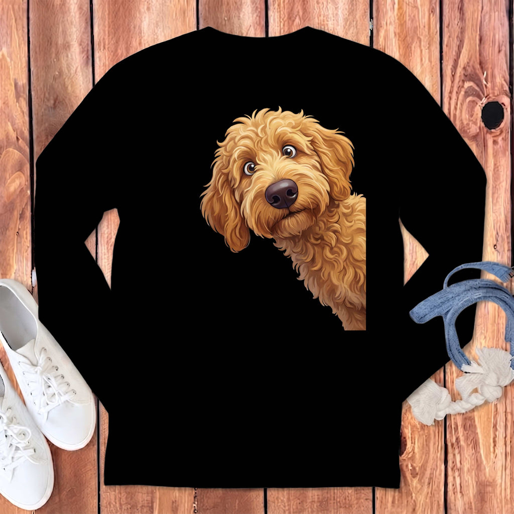 Funny Peeking Apricot Goldendoodle Long Sleeve T-Shirt in Black / S by Puppy Jo