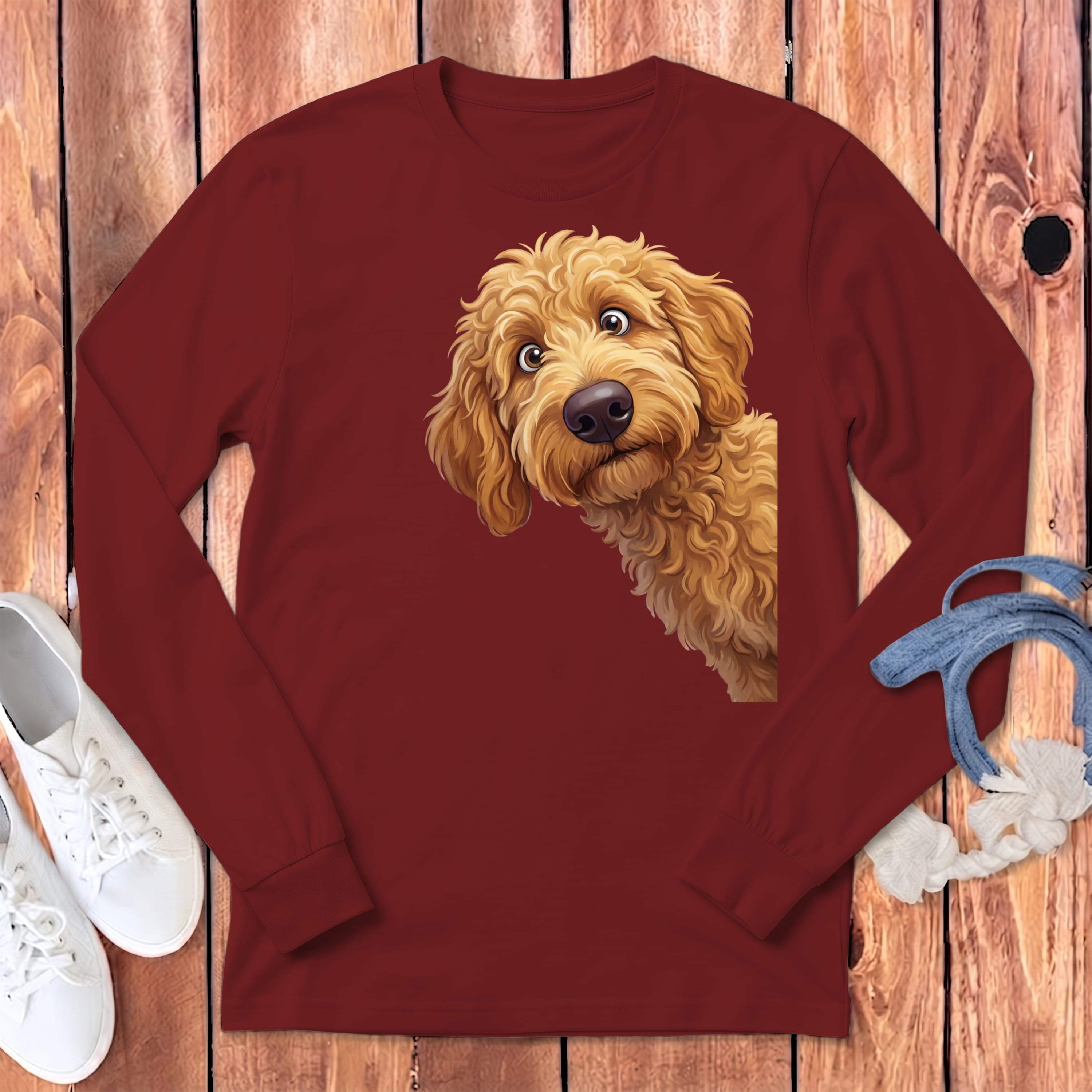 Funny Peeking Apricot Goldendoodle Long Sleeve T-Shirt in Cardinal / S by Puppy Jo