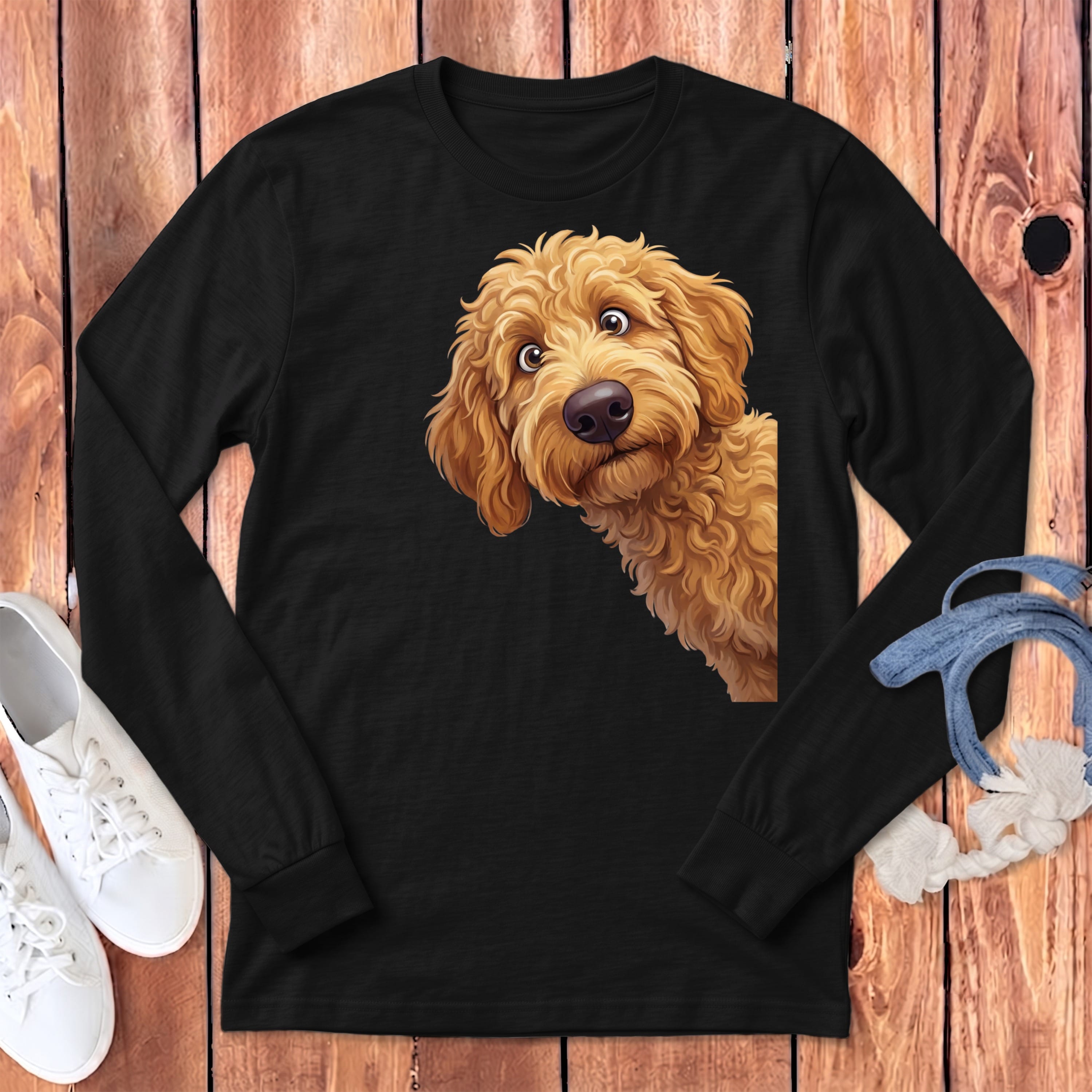 Funny Peeking Apricot Goldendoodle Long Sleeve T-Shirt in Dark Grey Heather / S by Puppy Jo