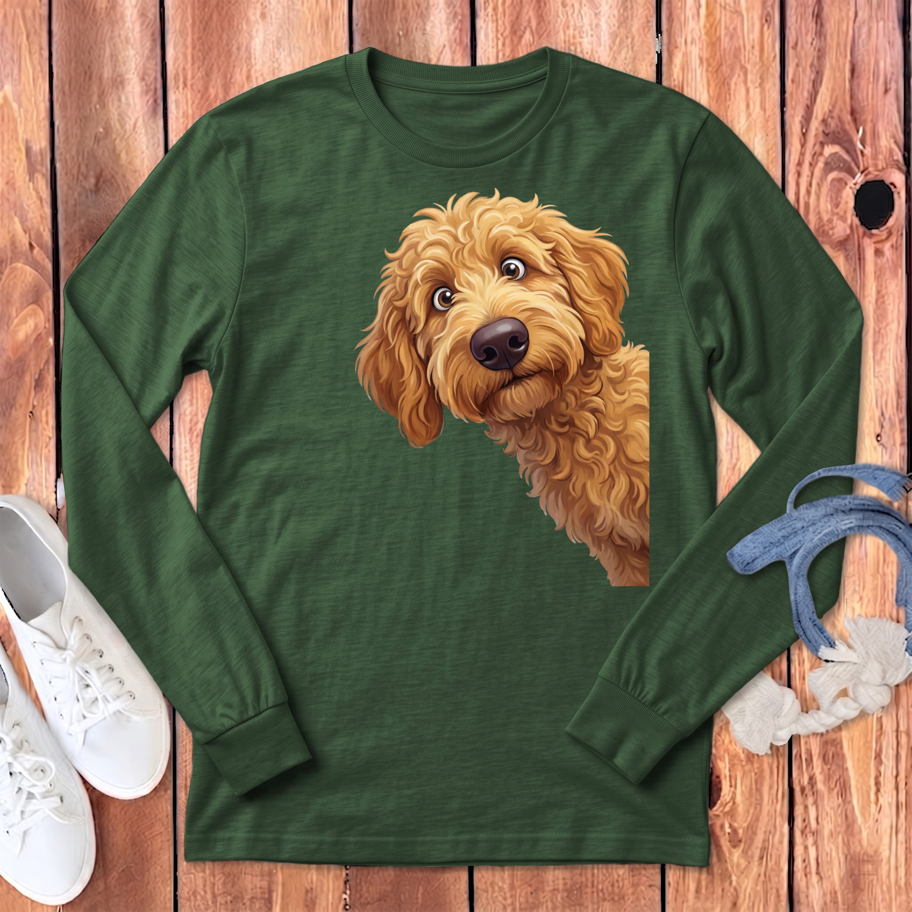 Funny Peeking Apricot Goldendoodle Long Sleeve T-Shirt in Heather Forest / S by Puppy Jo