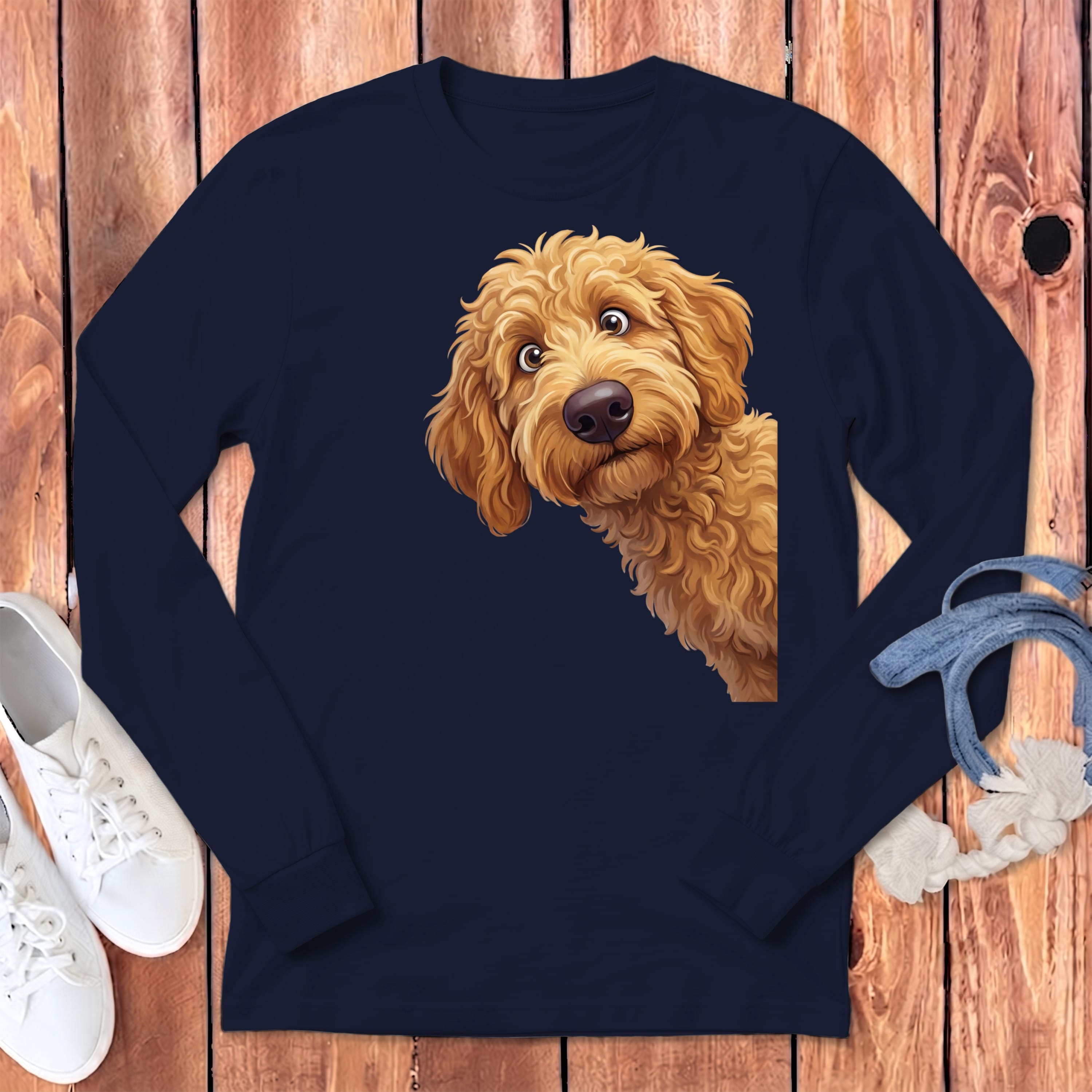 Funny Peeking Apricot Goldendoodle Long Sleeve T-Shirt in Navy / S by Puppy Jo