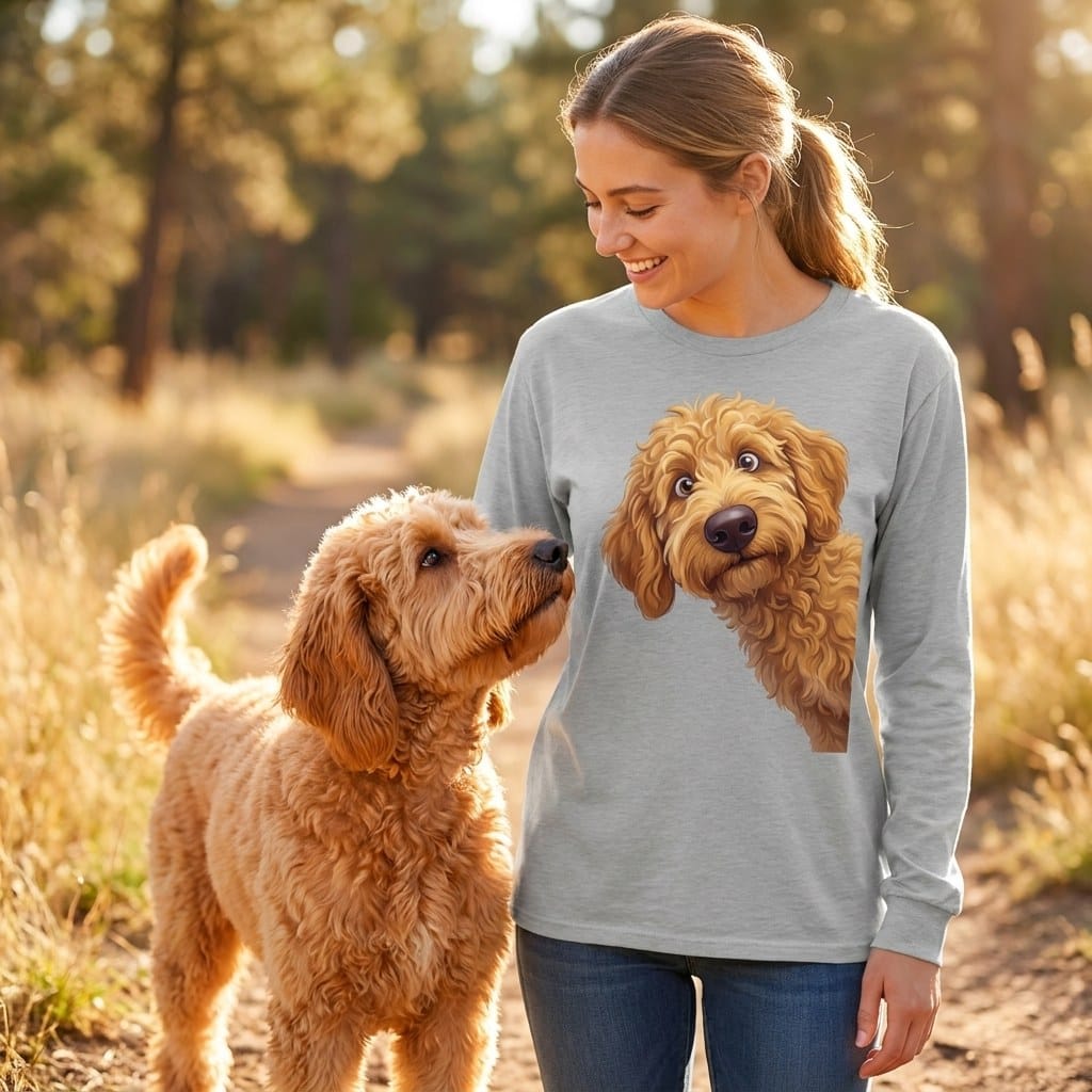 Funny Peeking Apricot Goldendoodle Long Sleeve T-Shirt in by Puppy Jo
