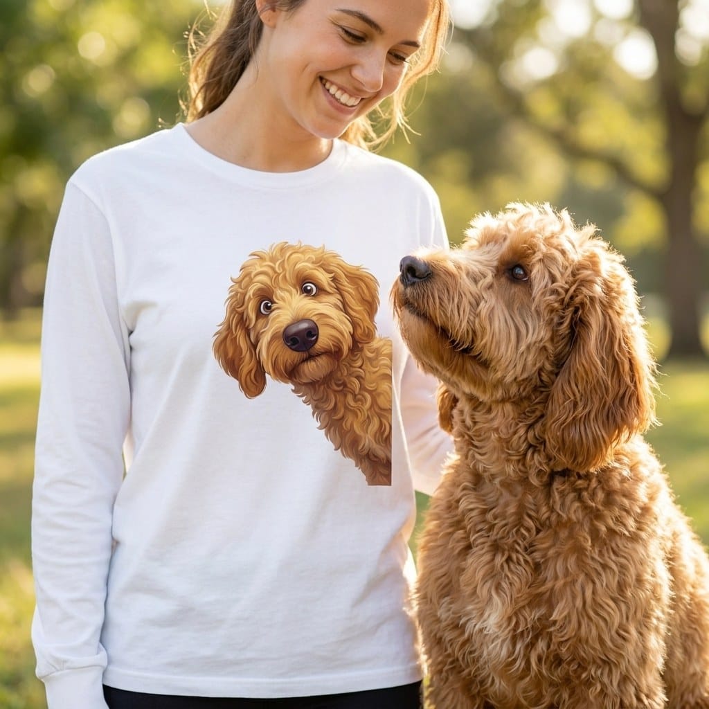 Funny Peeking Apricot Goldendoodle Long Sleeve T-Shirt in by Puppy Jo
