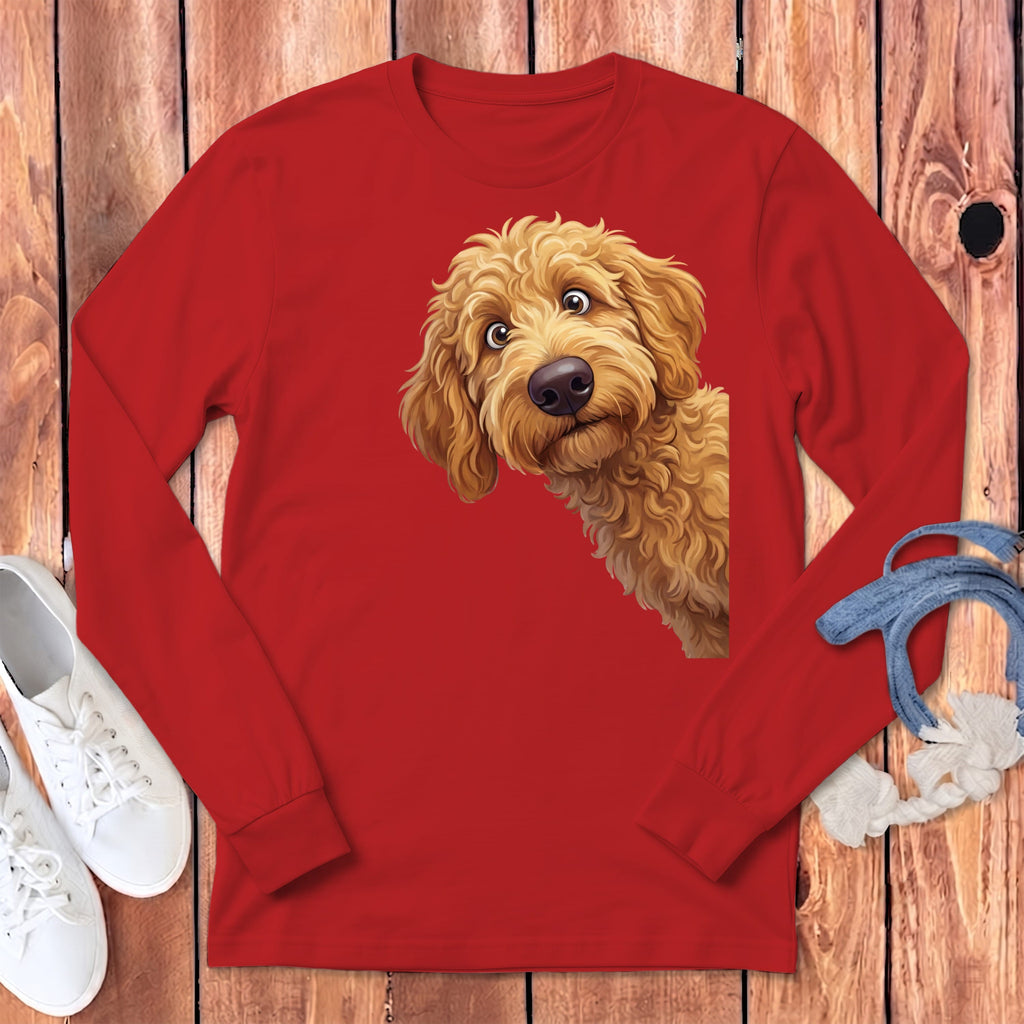 Funny Peeking Apricot Goldendoodle Long Sleeve T-Shirt in Red / S by Puppy Jo
