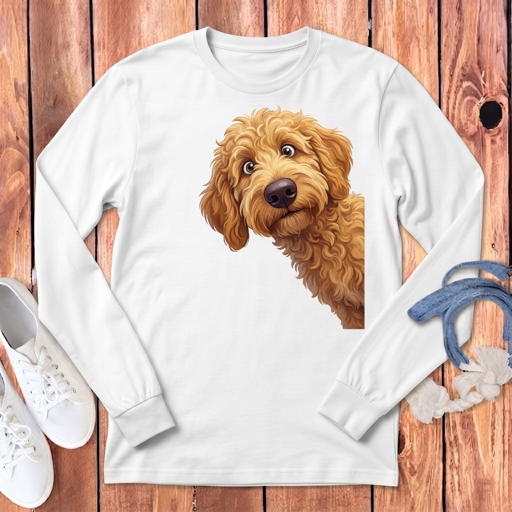 Funny Peeking Apricot Goldendoodle Long Sleeve T-Shirt in White / S by Puppy Jo