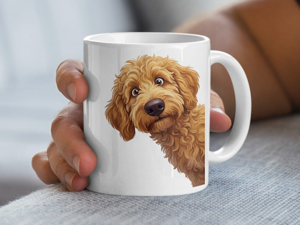 Funny Peeking Apricot Goldendoodle Mug in by Puppy Jo