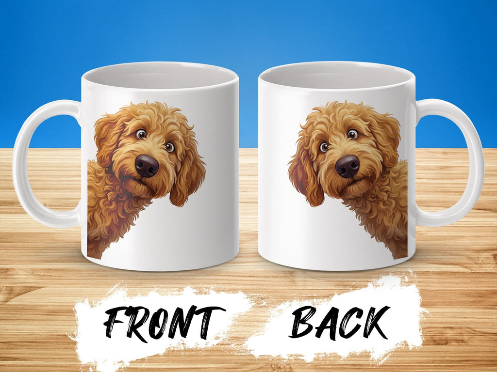 Funny Peeking Apricot Goldendoodle Mug in by Puppy Jo