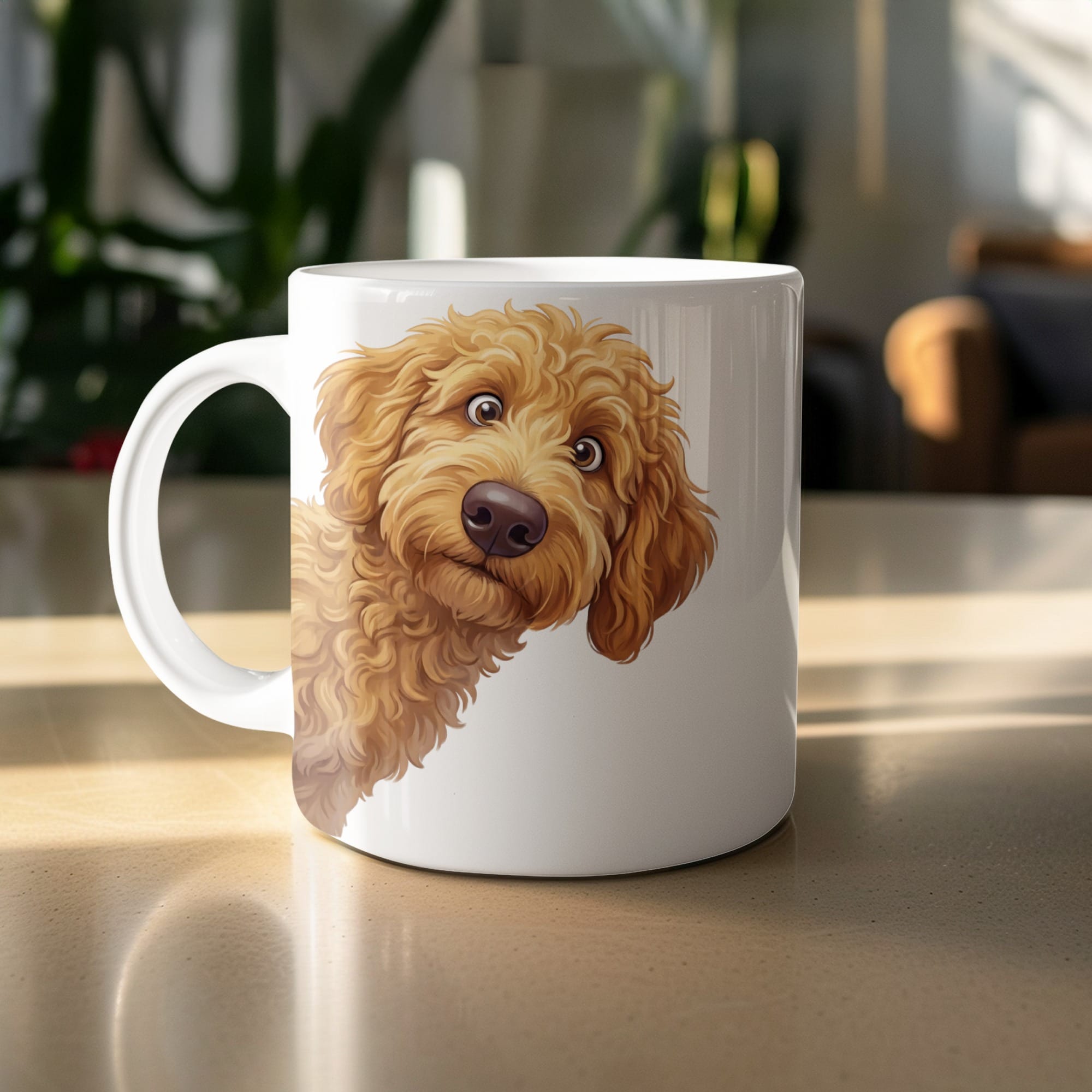 Funny Peeking Apricot Goldendoodle Mug in by Puppy Jo