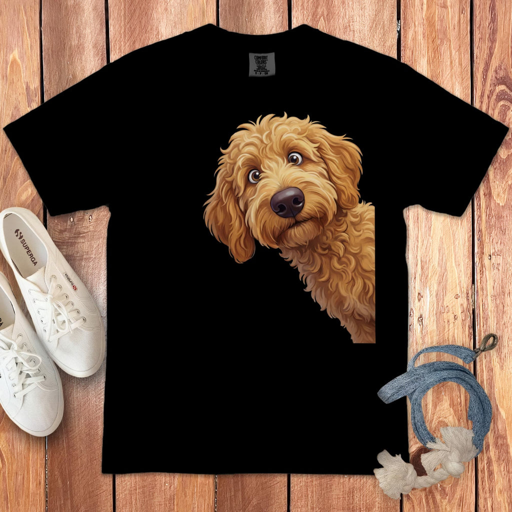 Funny Peeking Apricot Goldendoodle Signature T-Shirt in Black / M / - by Puppy Jo