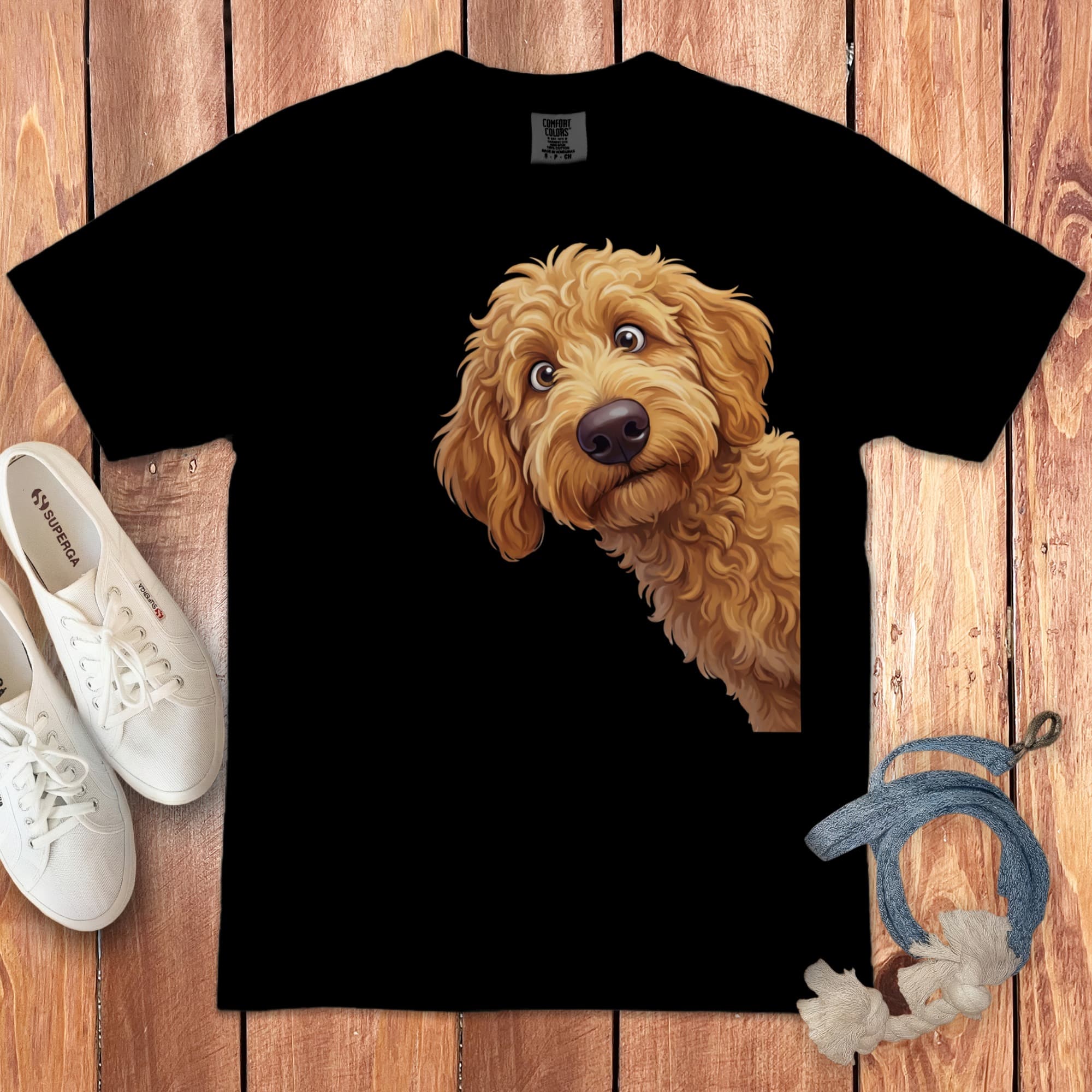 Funny Peeking Apricot Goldendoodle Signature T-Shirt in Black / M / - by Puppy Jo