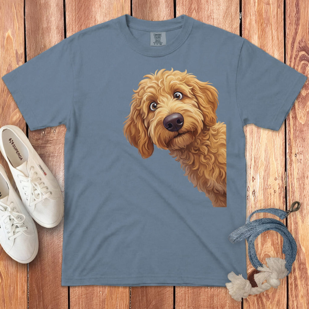 Funny Peeking Apricot Goldendoodle Signature T-Shirt in Blue Jean / M / - by Puppy Jo