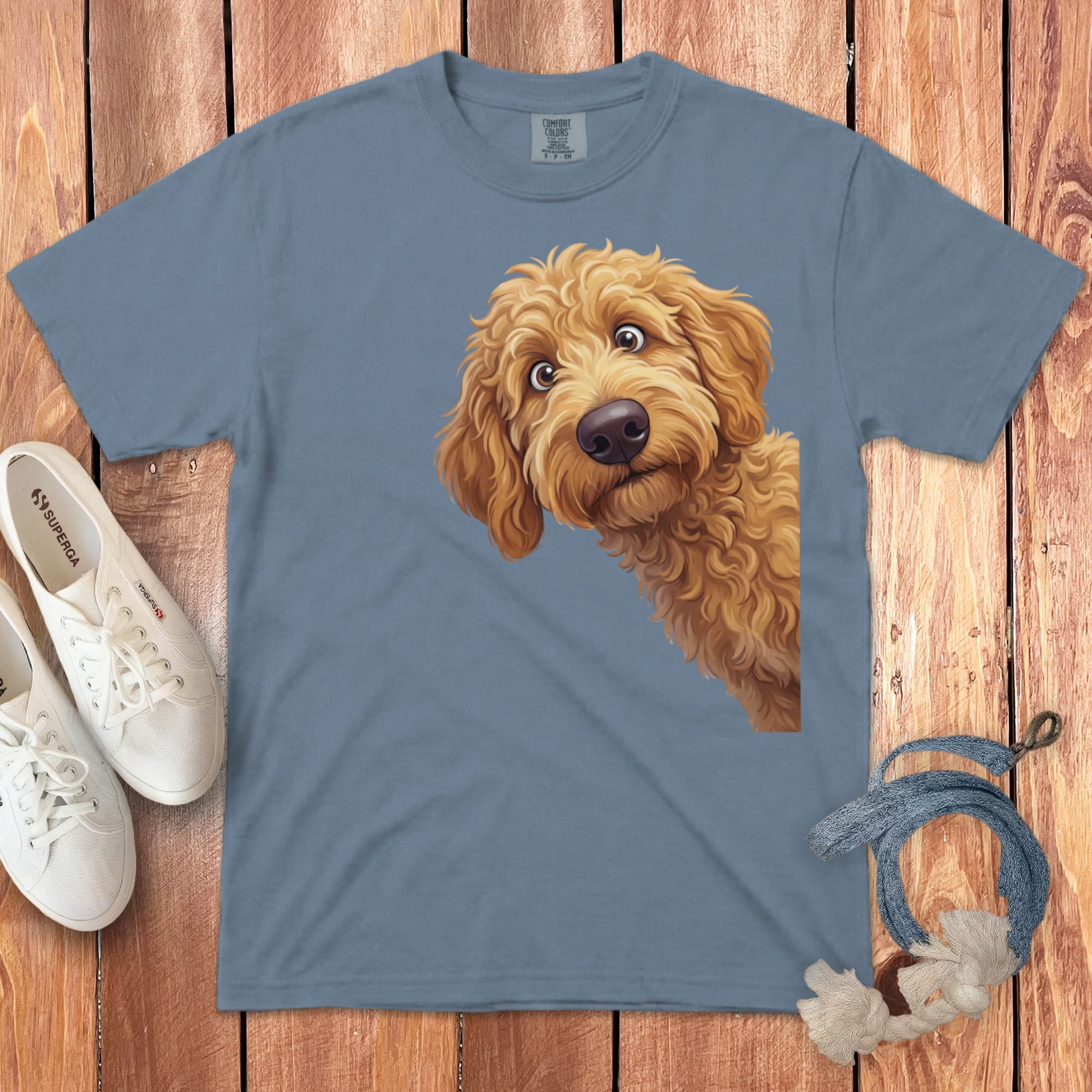 Funny Peeking Apricot Goldendoodle Signature T-Shirt in Blue Jean / M / - by Puppy Jo