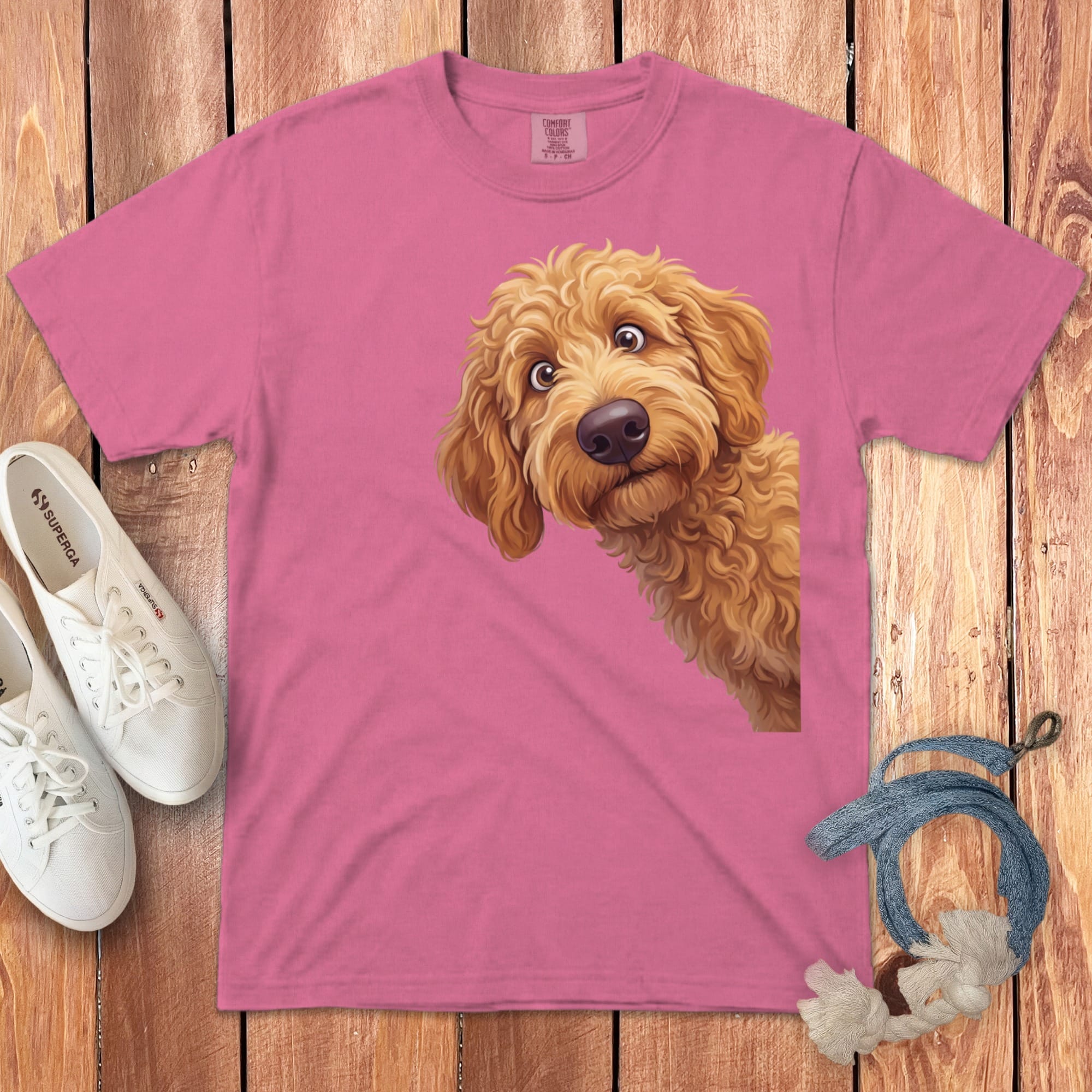 Funny Peeking Apricot Goldendoodle Signature T-Shirt in Crunchberry / M / - by Puppy Jo