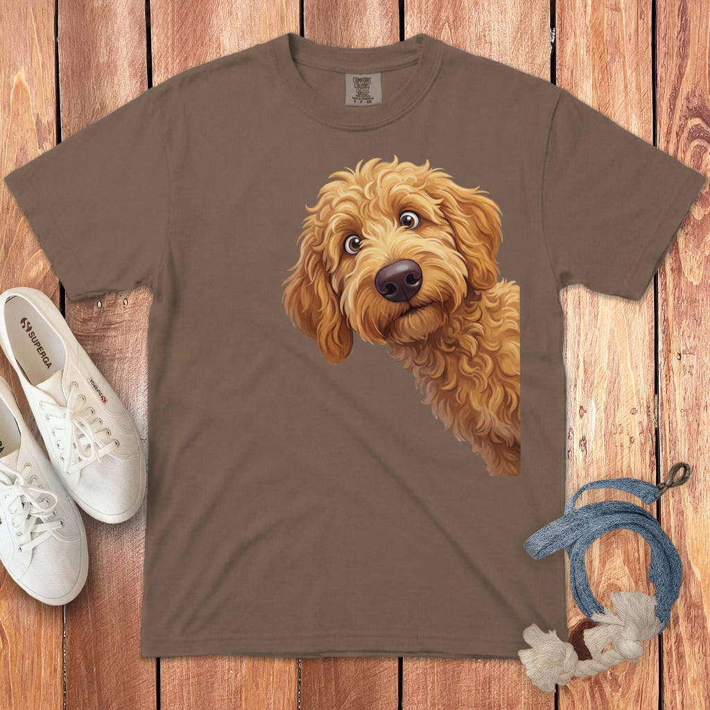 Funny Peeking Apricot Goldendoodle Signature T-Shirt in Espresso / M / - by Puppy Jo