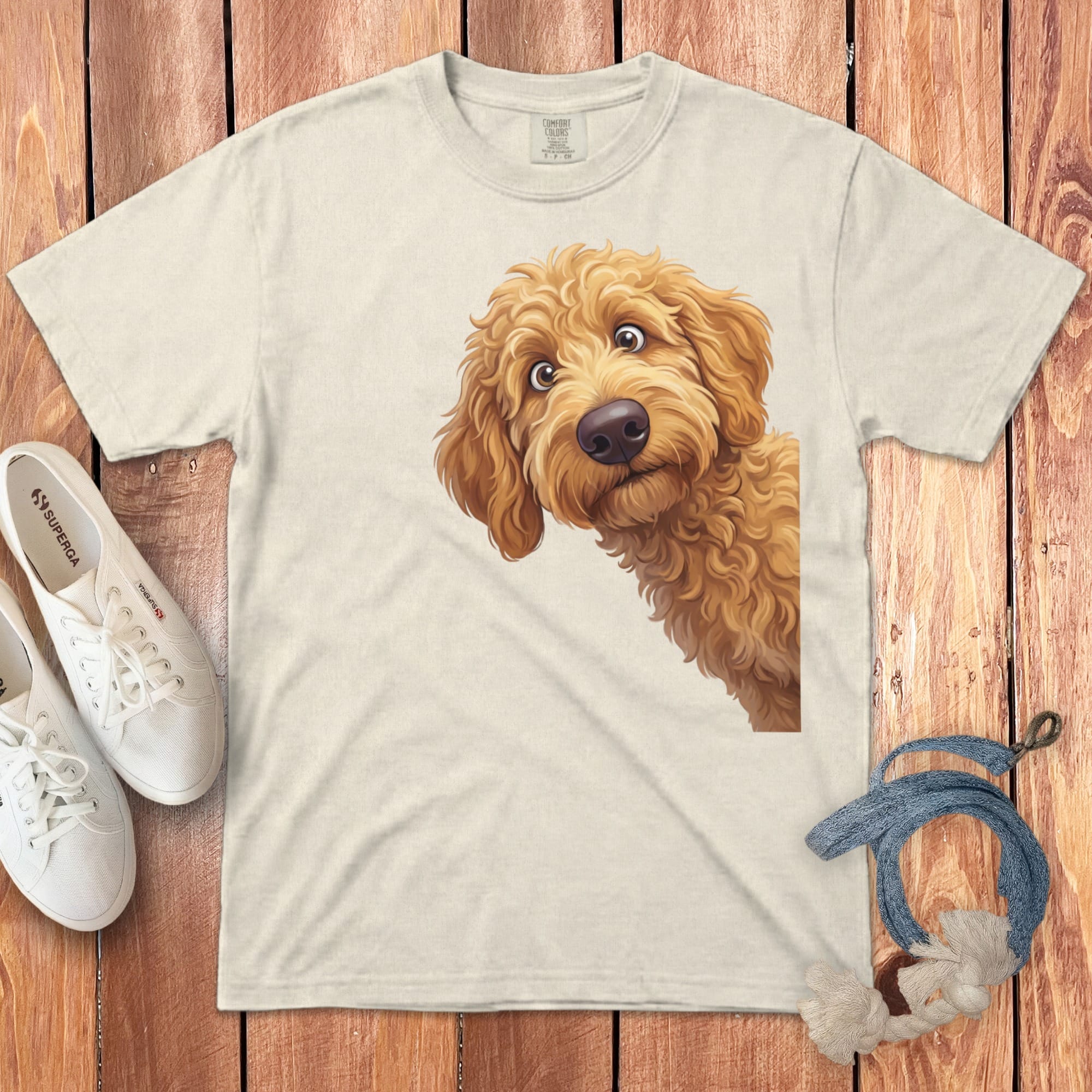 Funny Peeking Apricot Goldendoodle Signature T-Shirt in Ivory / M / - by Puppy Jo