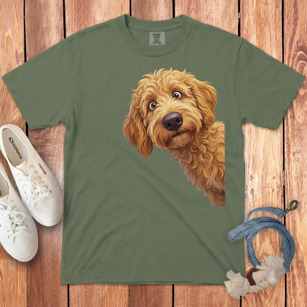 Funny Peeking Apricot Goldendoodle Signature T-Shirt in Moss / M / - by Puppy Jo