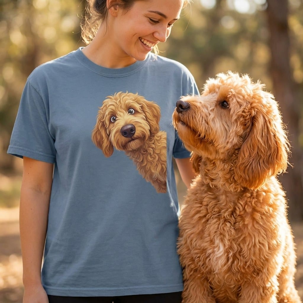 Funny Peeking Apricot Goldendoodle Signature T-Shirt in by Puppy Jo
