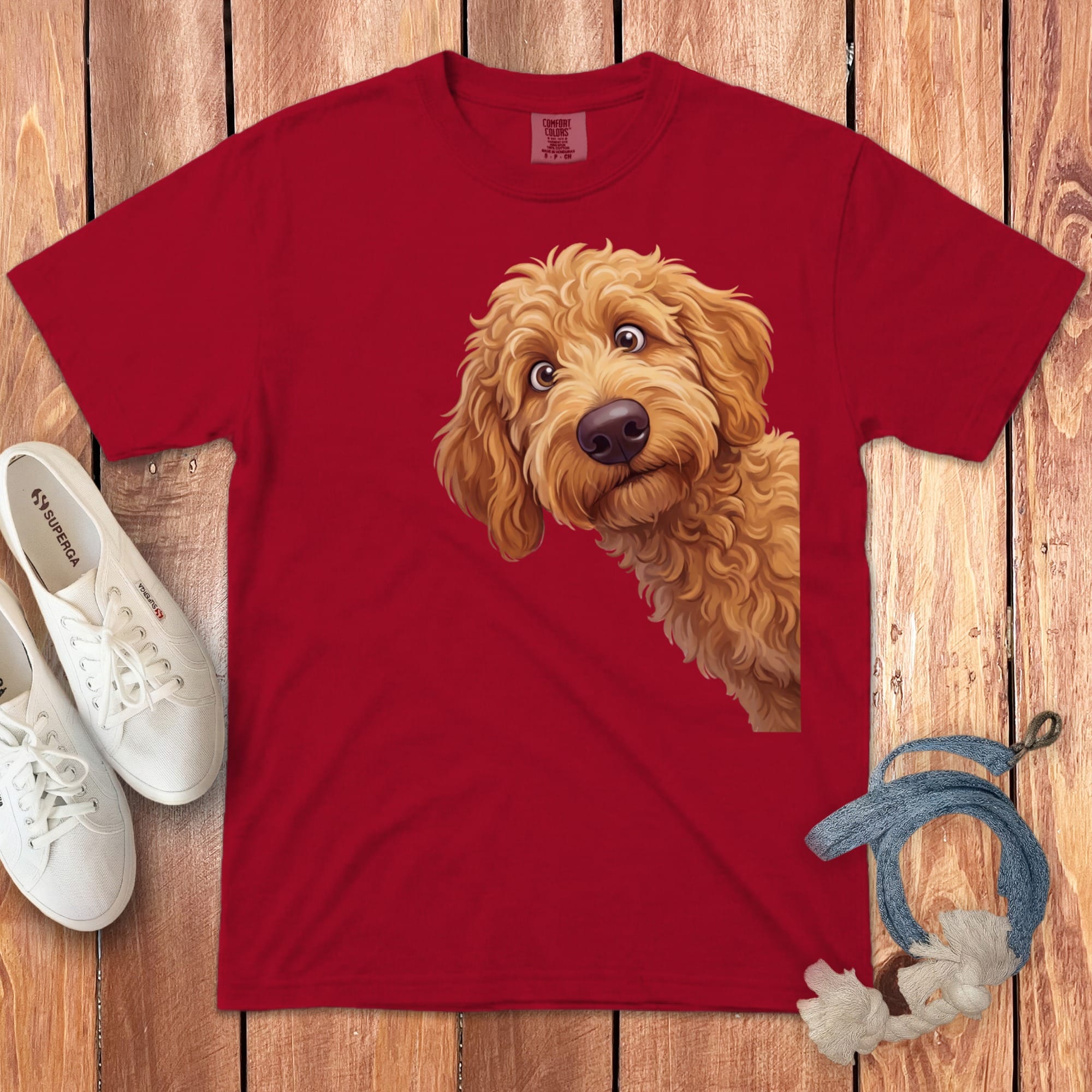 Funny Peeking Apricot Goldendoodle Signature T-Shirt in Red / M / - by Puppy Jo