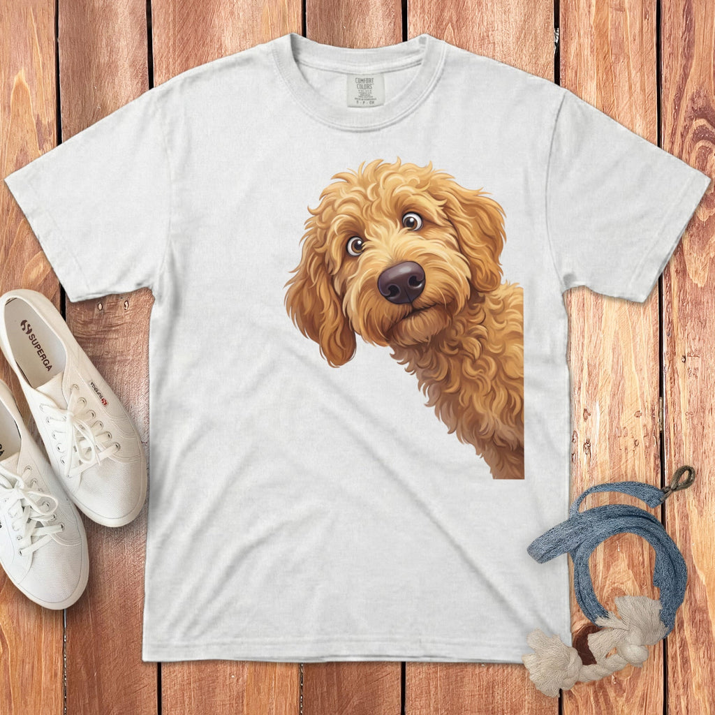 Funny Peeking Apricot Goldendoodle Signature T-Shirt in White / M / - by Puppy Jo