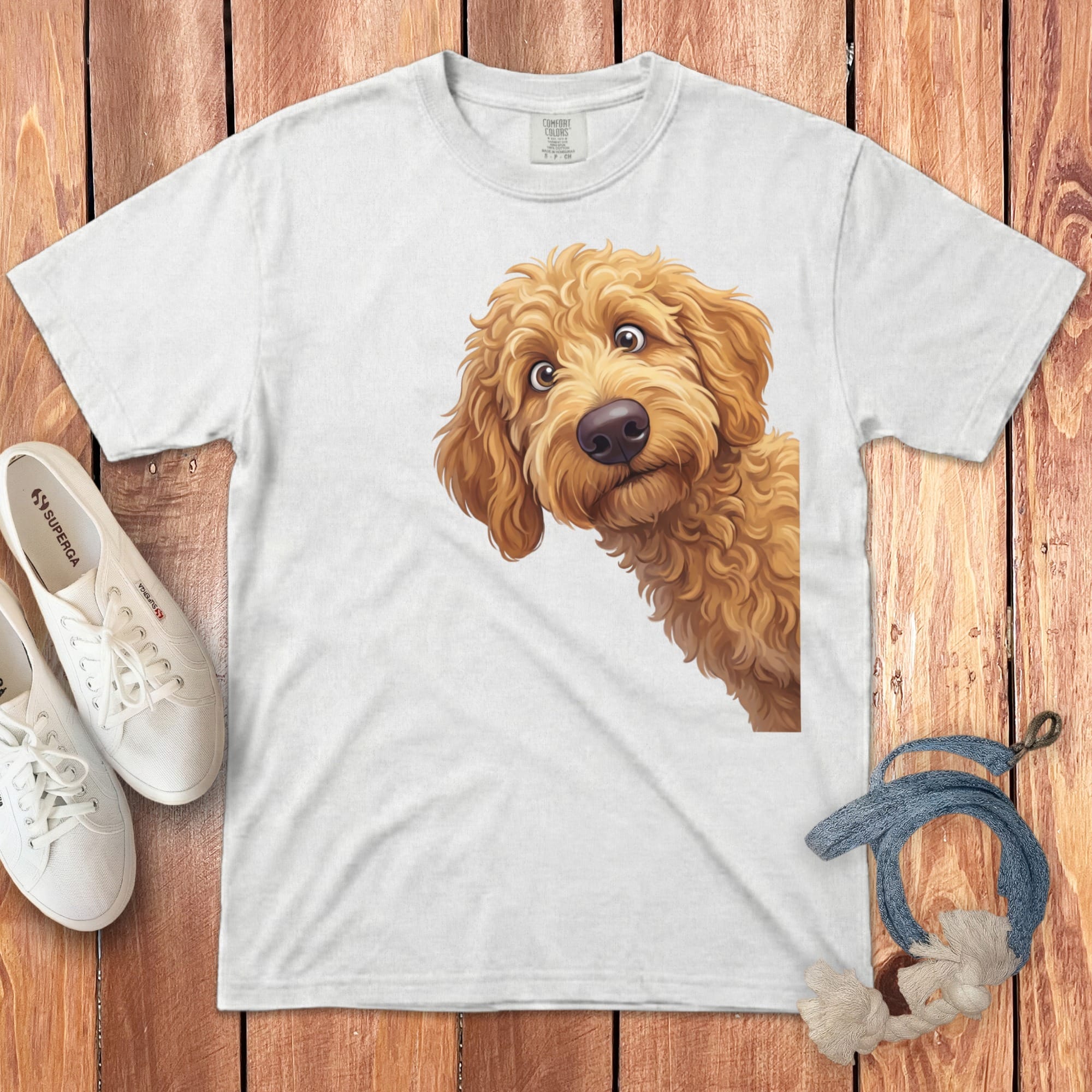 Funny Peeking Apricot Goldendoodle Signature T-Shirt in White / M / - by Puppy Jo