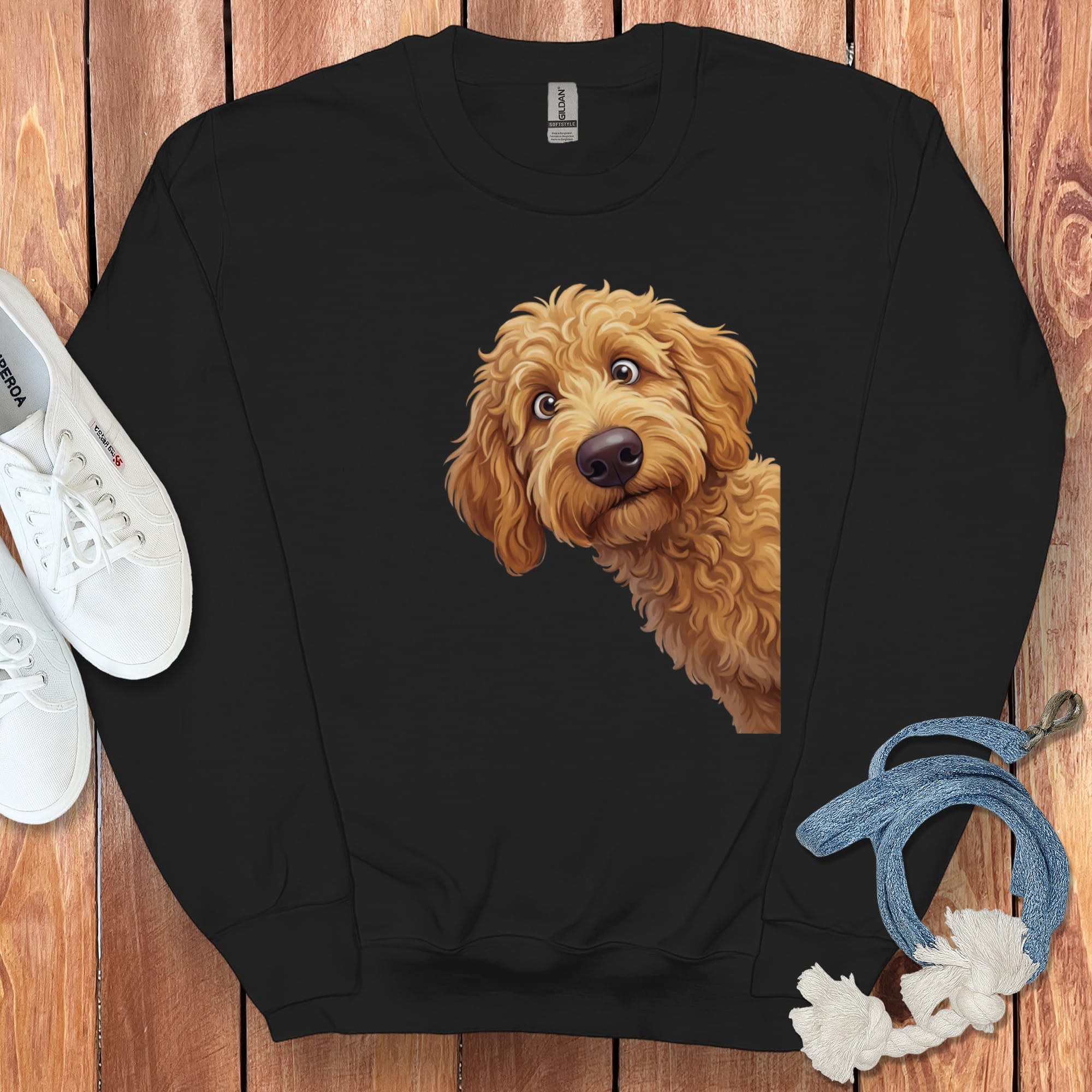 Funny Peeking Apricot Goldendoodle Sweatshirt in Black / S by Puppy Jo