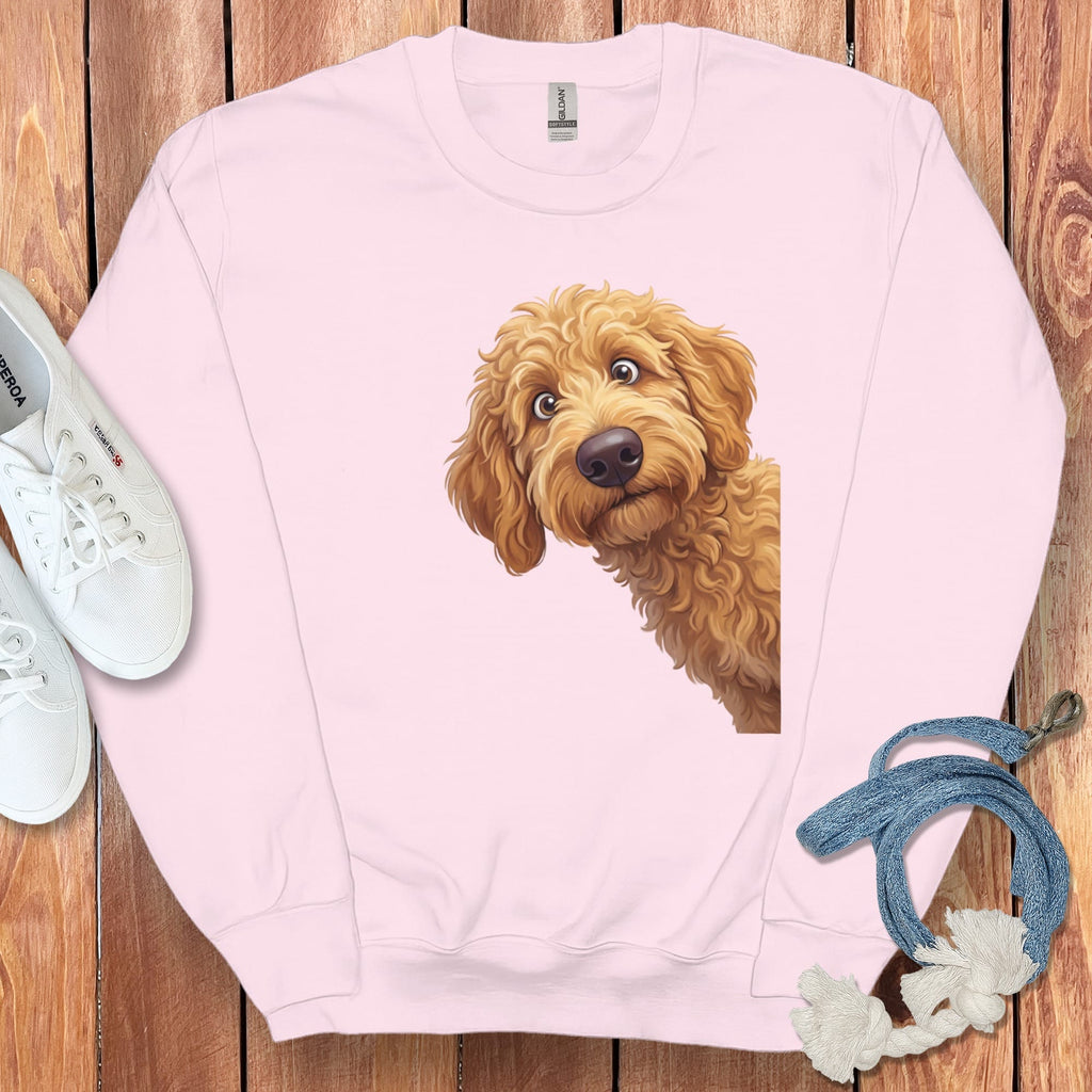 Funny Peeking Apricot Goldendoodle Sweatshirt in Light Pink / S by Puppy Jo