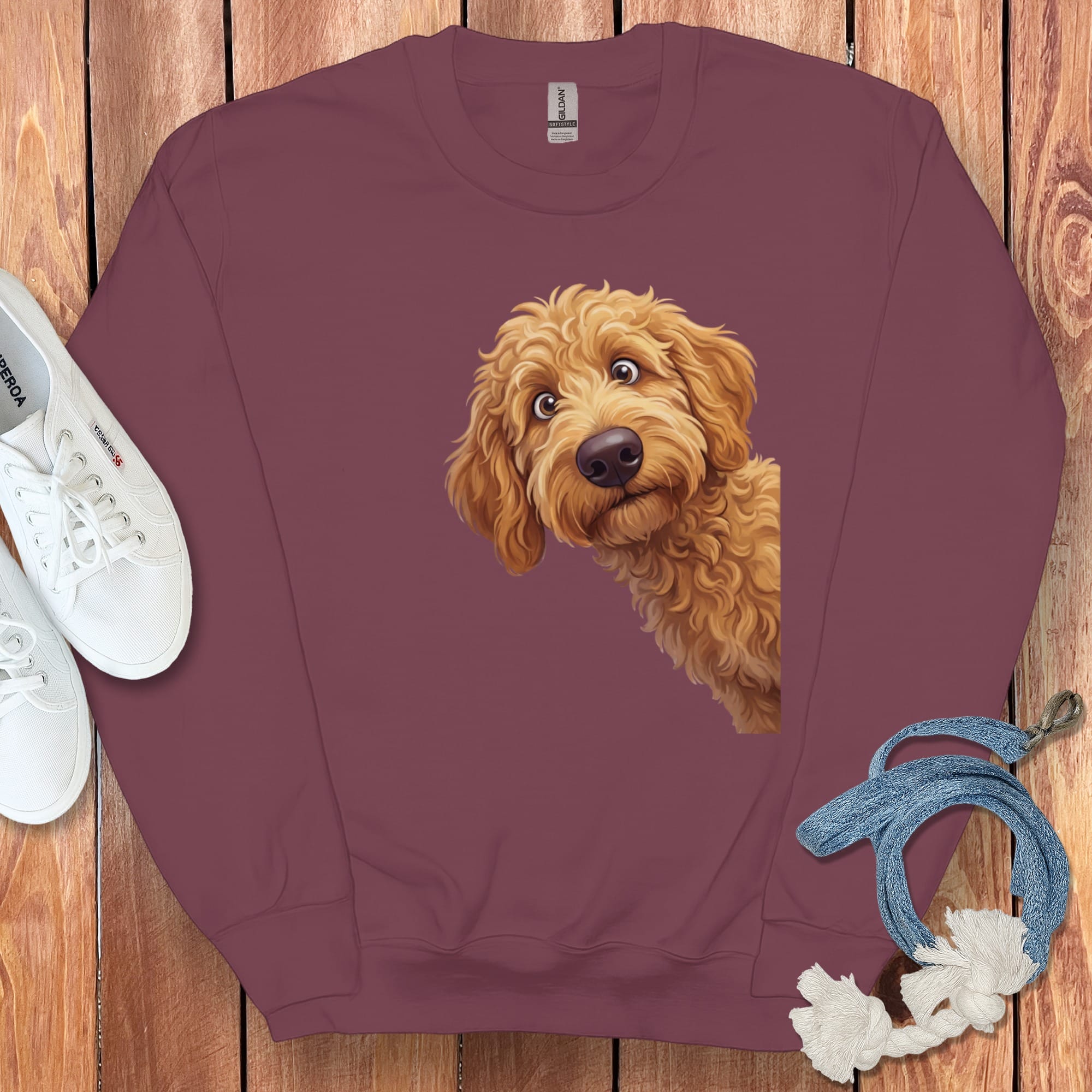 Funny Peeking Apricot Goldendoodle Sweatshirt in Maroon / S by Puppy Jo