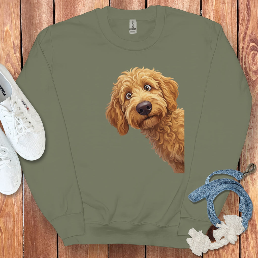 Funny Peeking Apricot Goldendoodle Sweatshirt in Military Green / S by Puppy Jo