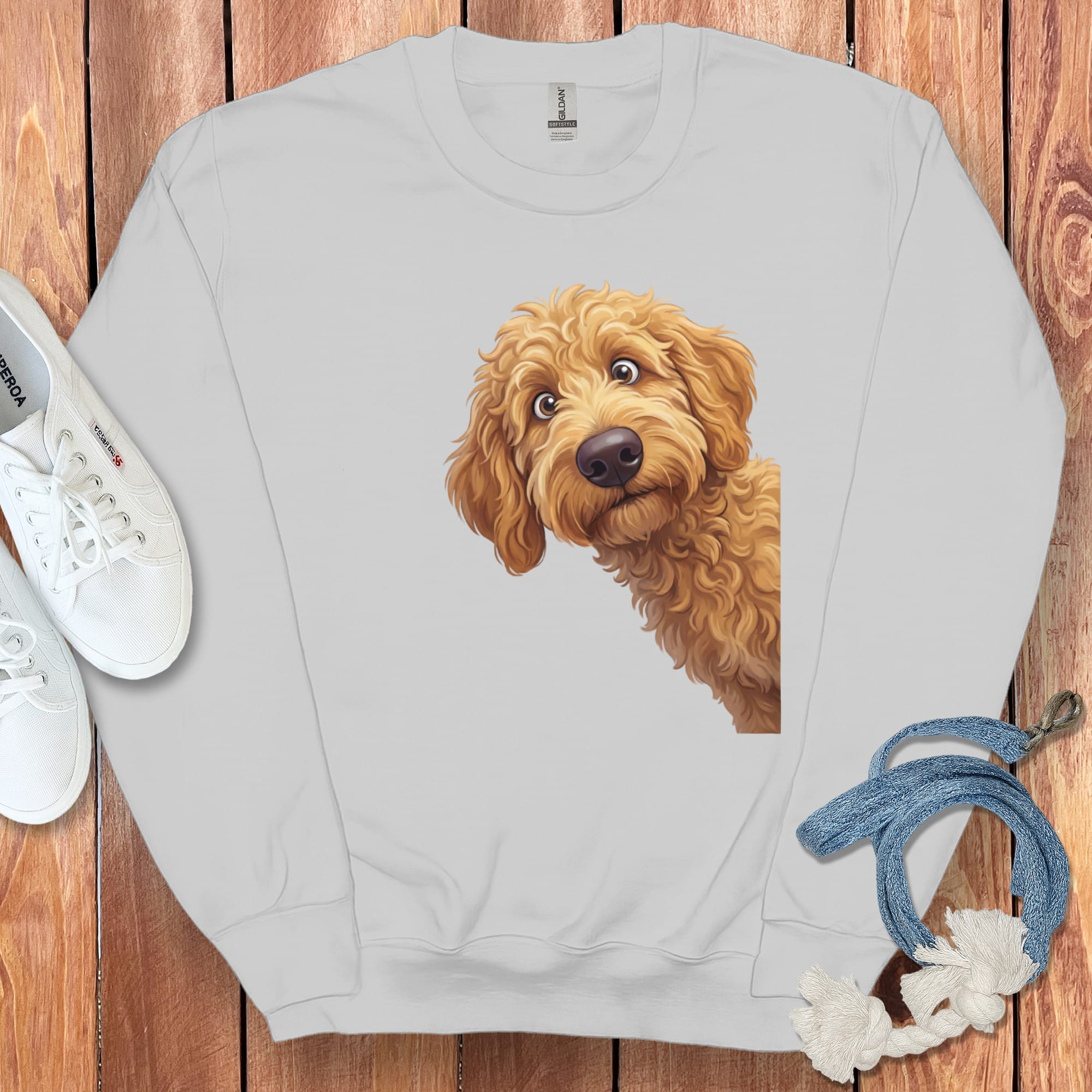 Funny Peeking Apricot Goldendoodle Sweatshirt in by Puppy Jo