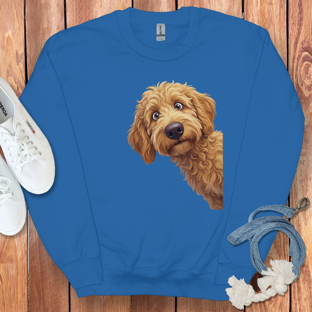 Funny Peeking Apricot Goldendoodle Sweatshirt in Royal / S by Puppy Jo