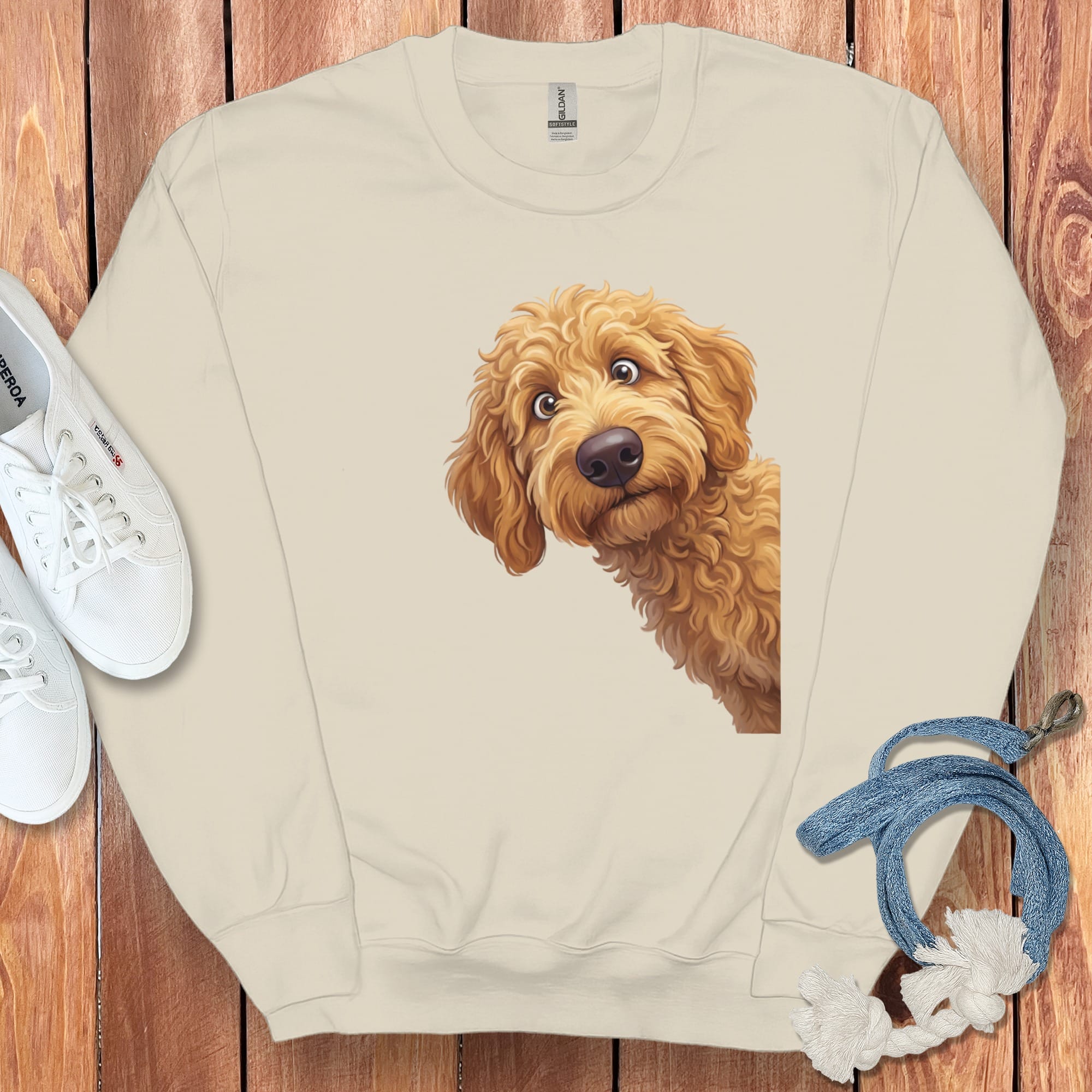 Funny Peeking Apricot Goldendoodle Sweatshirt in Sand / S by Puppy Jo
