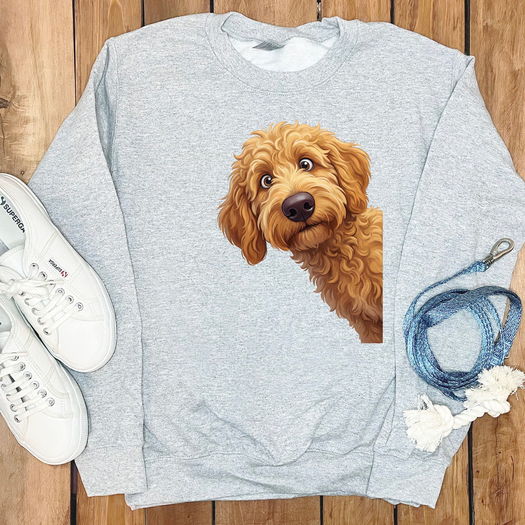 Funny Peeking Apricot Goldendoodle Sweatshirt in Sport Grey / S by Puppy Jo