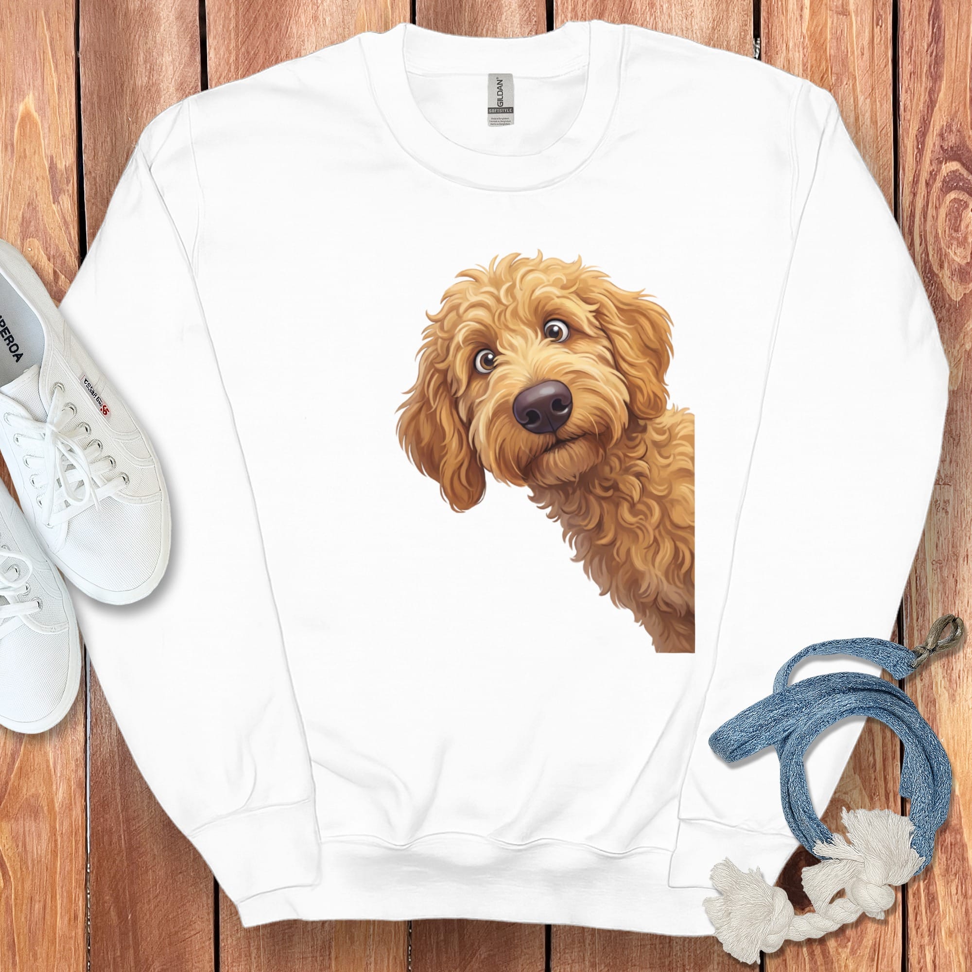 Funny Peeking Apricot Goldendoodle Sweatshirt in White / S by Puppy Jo
