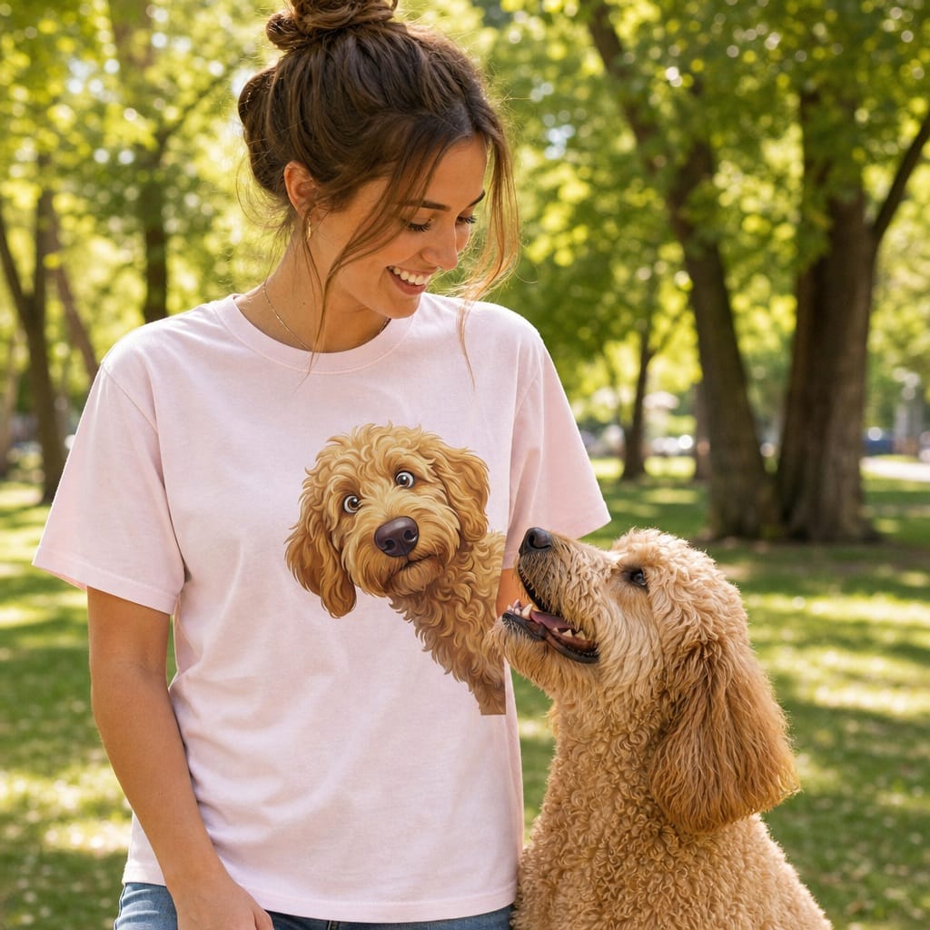 Funny Peeking Apricot Goldendoodle T-Shirt in by Puppy Jo