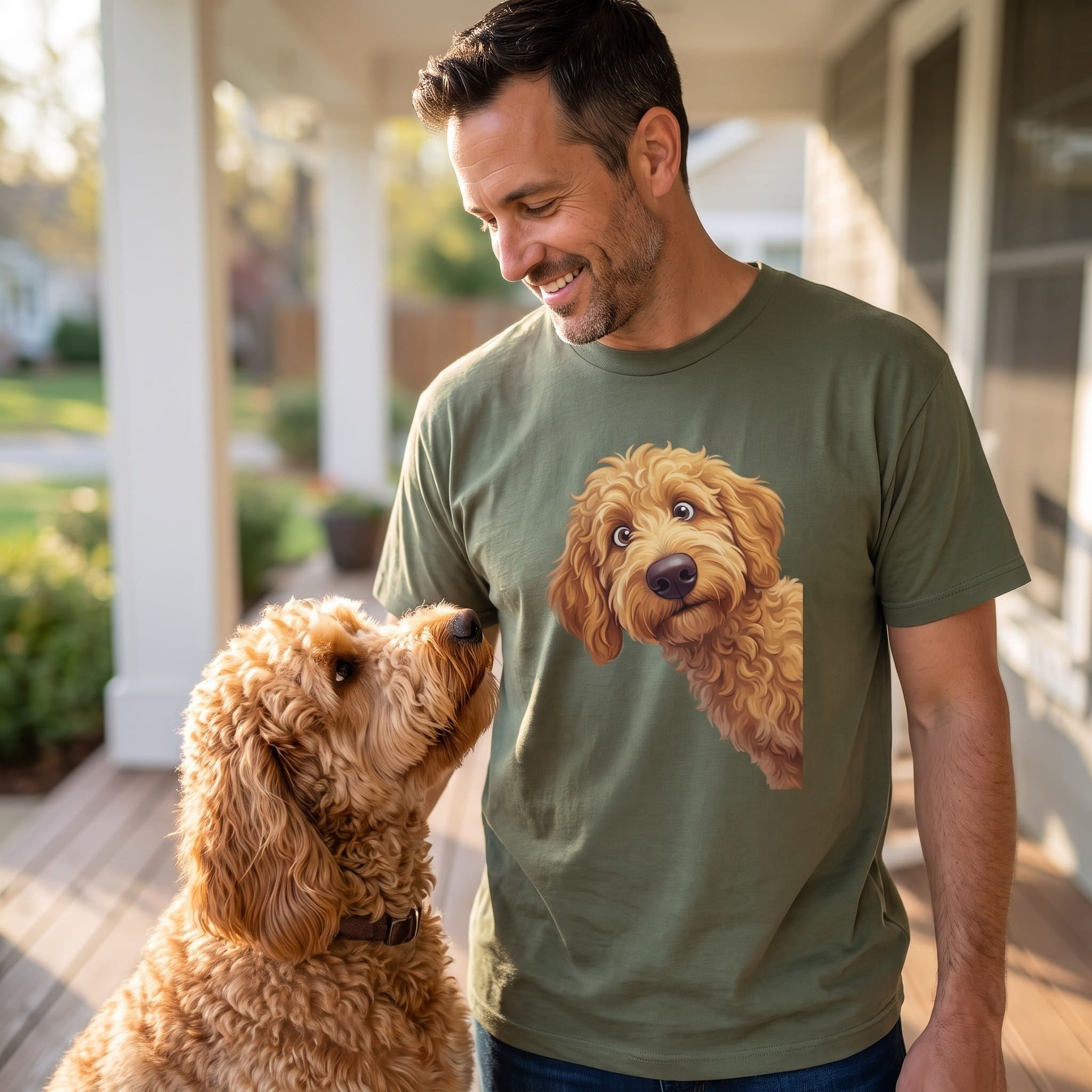 Funny Peeking Apricot Goldendoodle T-Shirt in by Puppy Jo