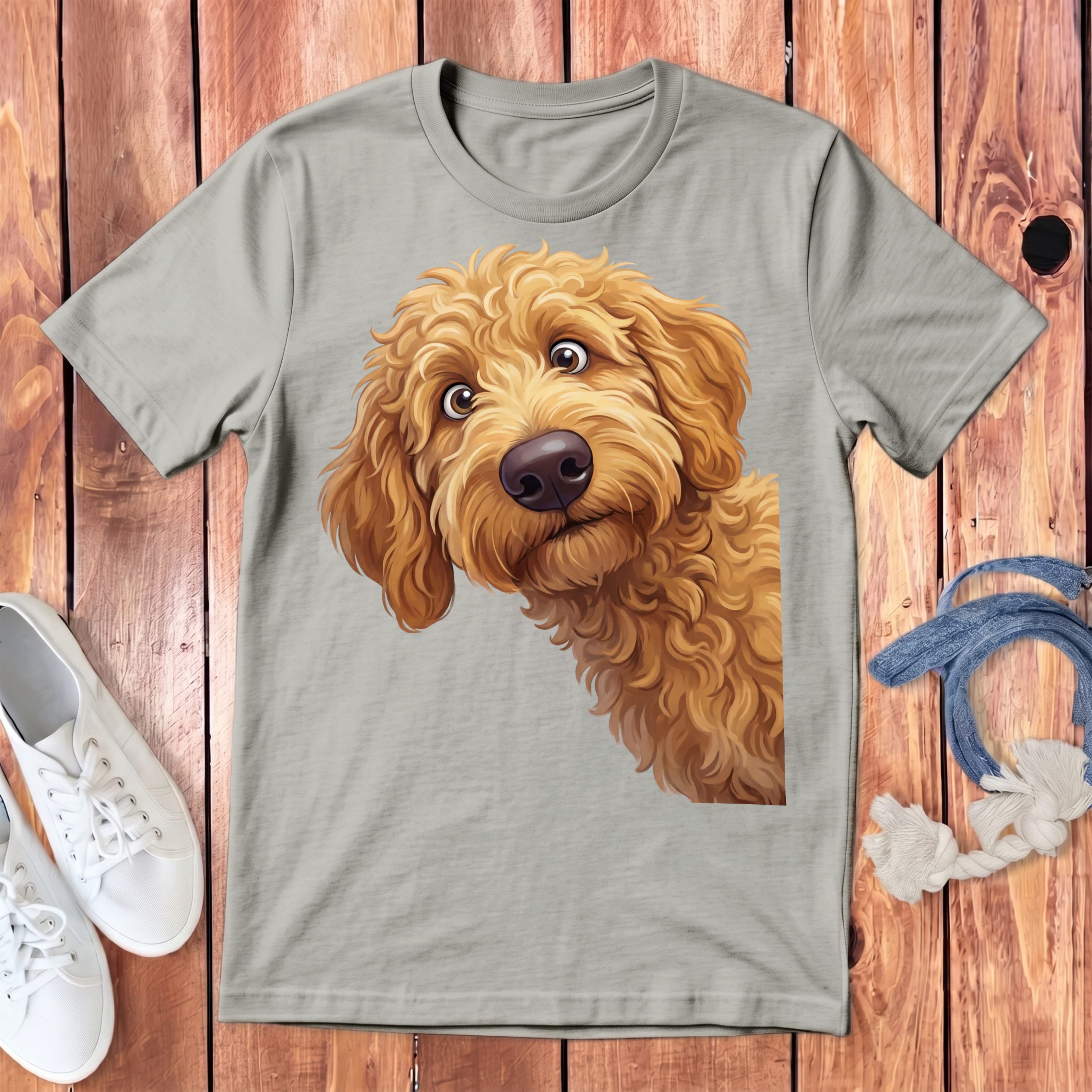 Funny Peeking Apricot Goldendoodle Youth T-Shirt in Athletic Heather / S by Puppy Jo