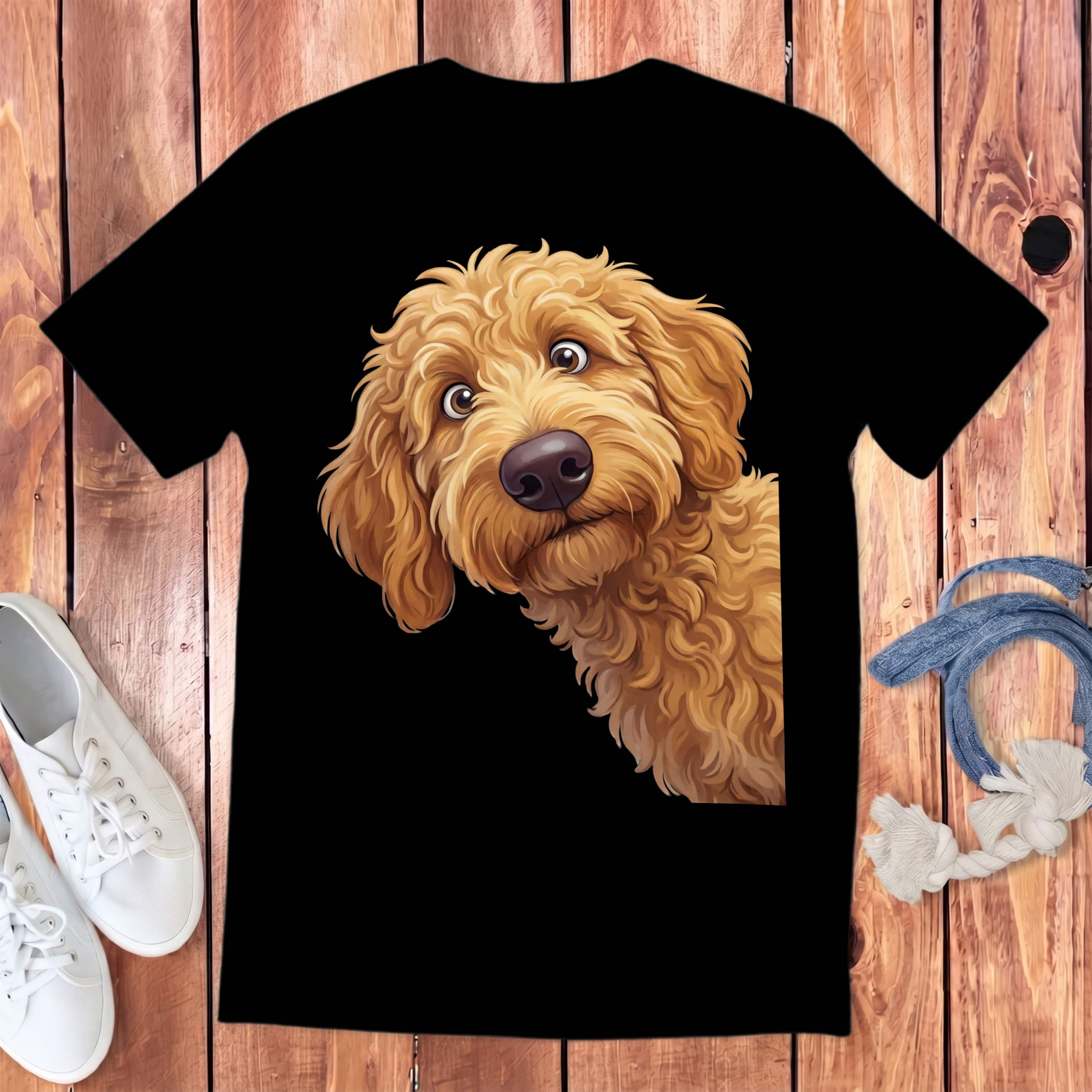 Funny Peeking Apricot Goldendoodle Youth T-Shirt in Black / S by Puppy Jo