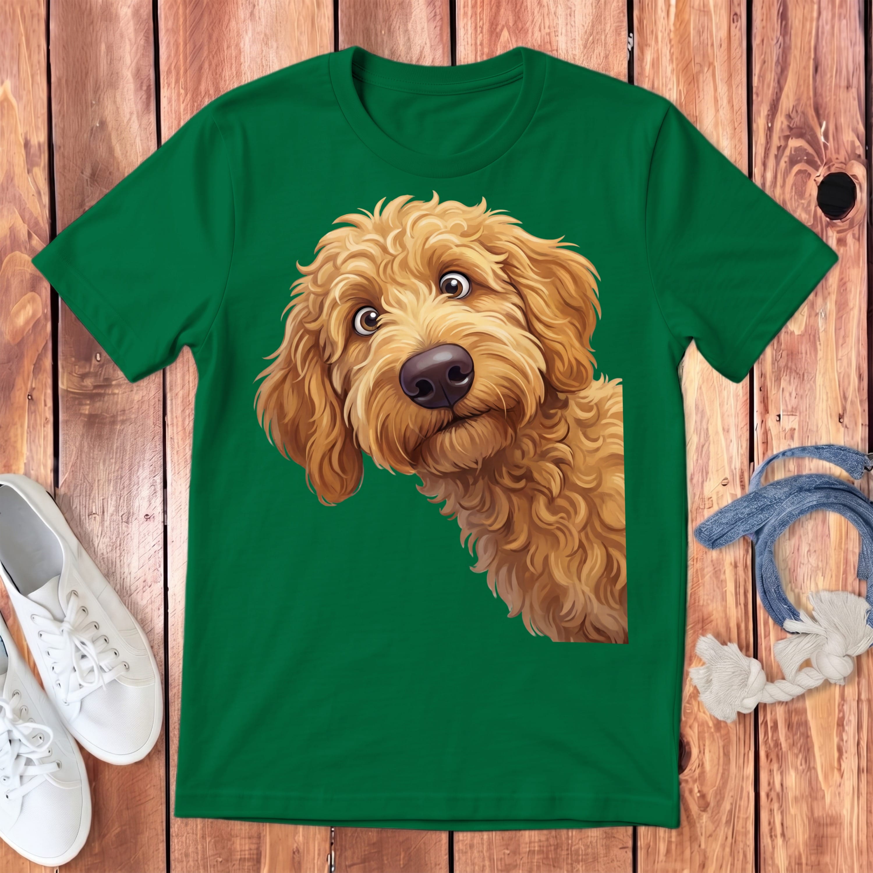 Funny Peeking Apricot Goldendoodle Youth T-Shirt in Kelly / S by Puppy Jo