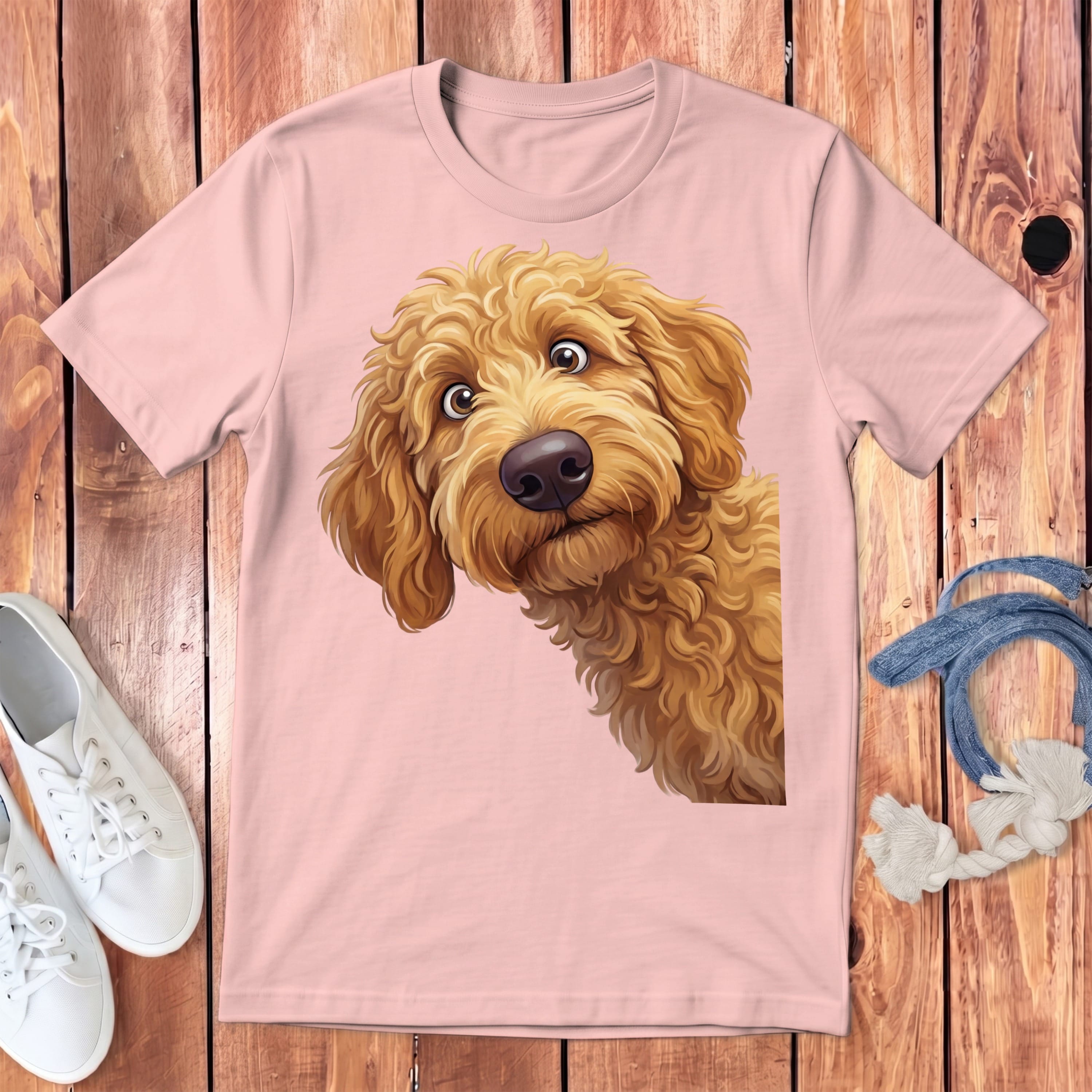 Funny Peeking Apricot Goldendoodle Youth T-Shirt in Pink / S by Puppy Jo