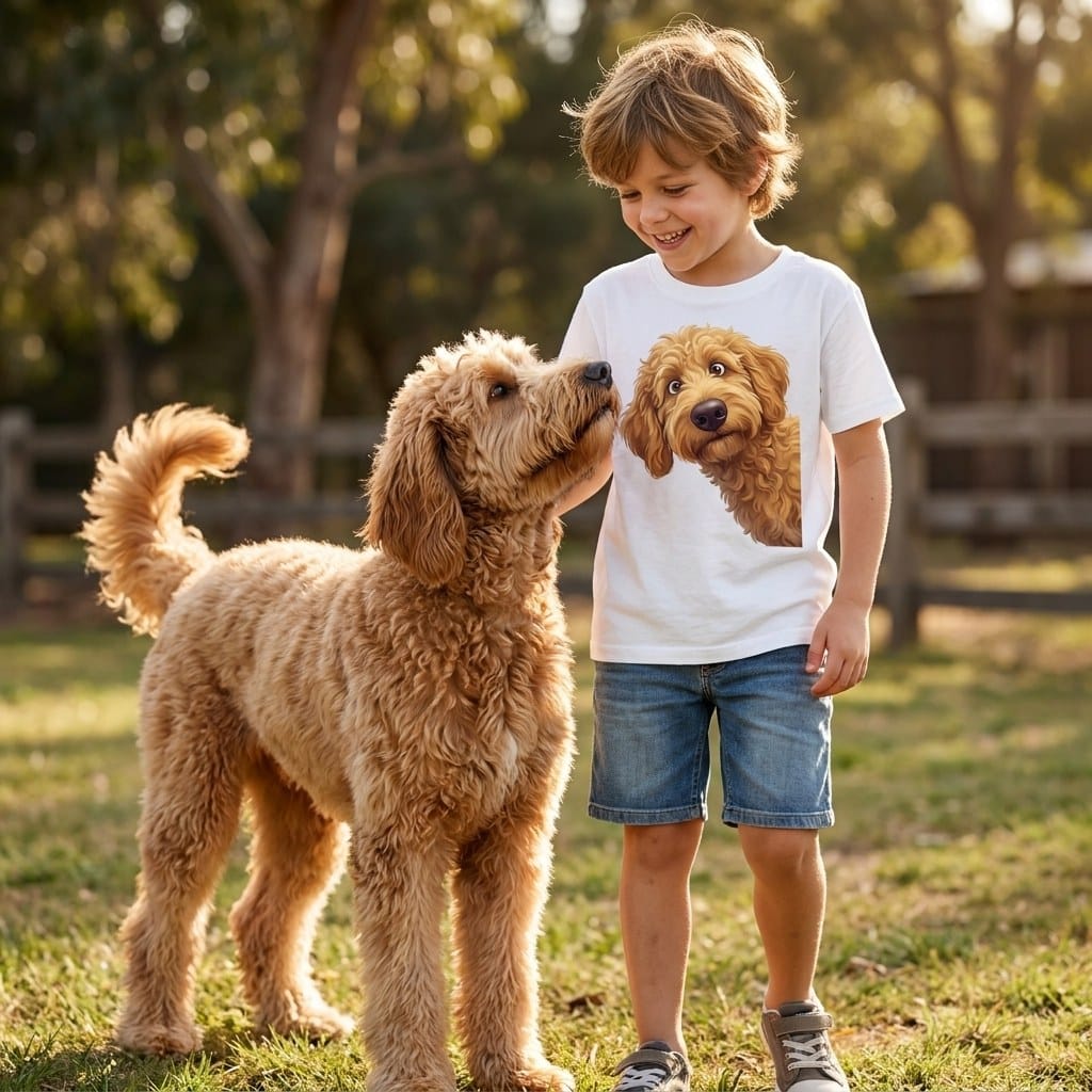 Funny Peeking Apricot Goldendoodle Youth T-Shirt in by Puppy Jo