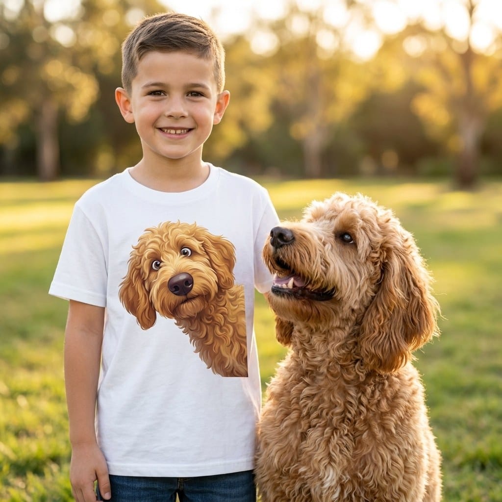 Funny Peeking Apricot Goldendoodle Youth T-Shirt in by Puppy Jo