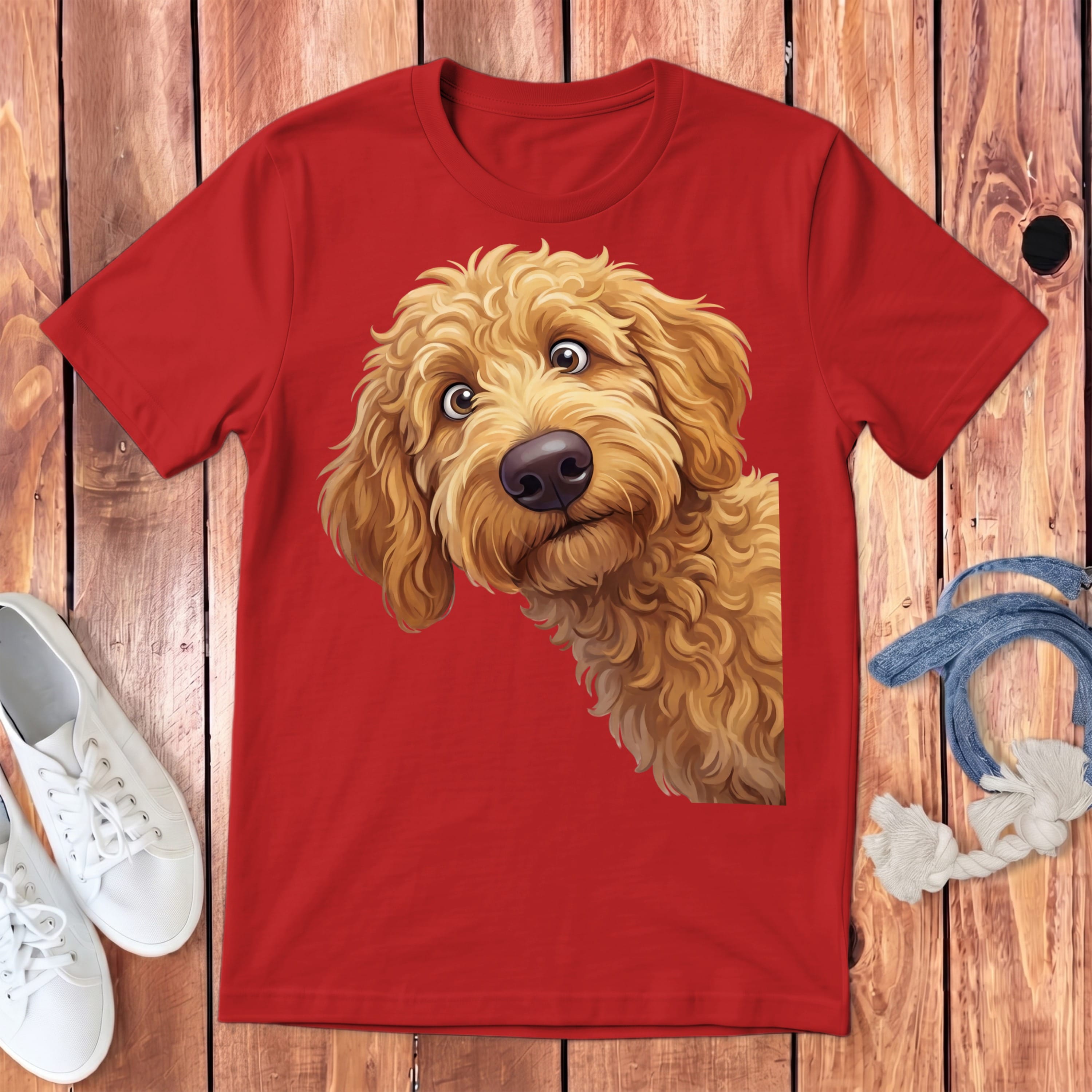 Funny Peeking Apricot Goldendoodle Youth T-Shirt in Red / S by Puppy Jo