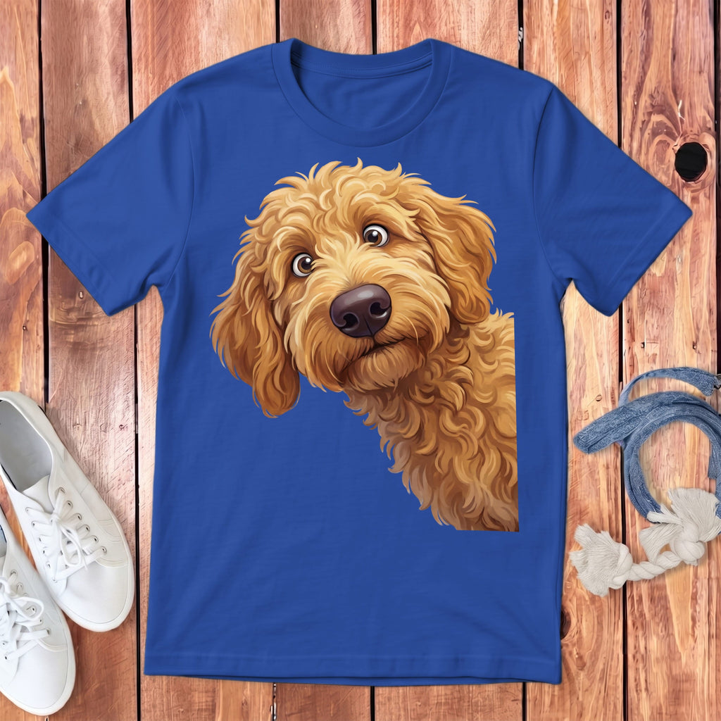 Funny Peeking Apricot Goldendoodle Youth T-Shirt in True Royal / S by Puppy Jo